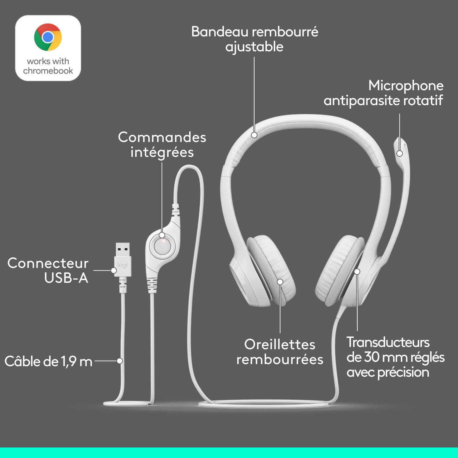 Logitech H390 Wired Headset with Noise Cancelling Microphone - Off-White