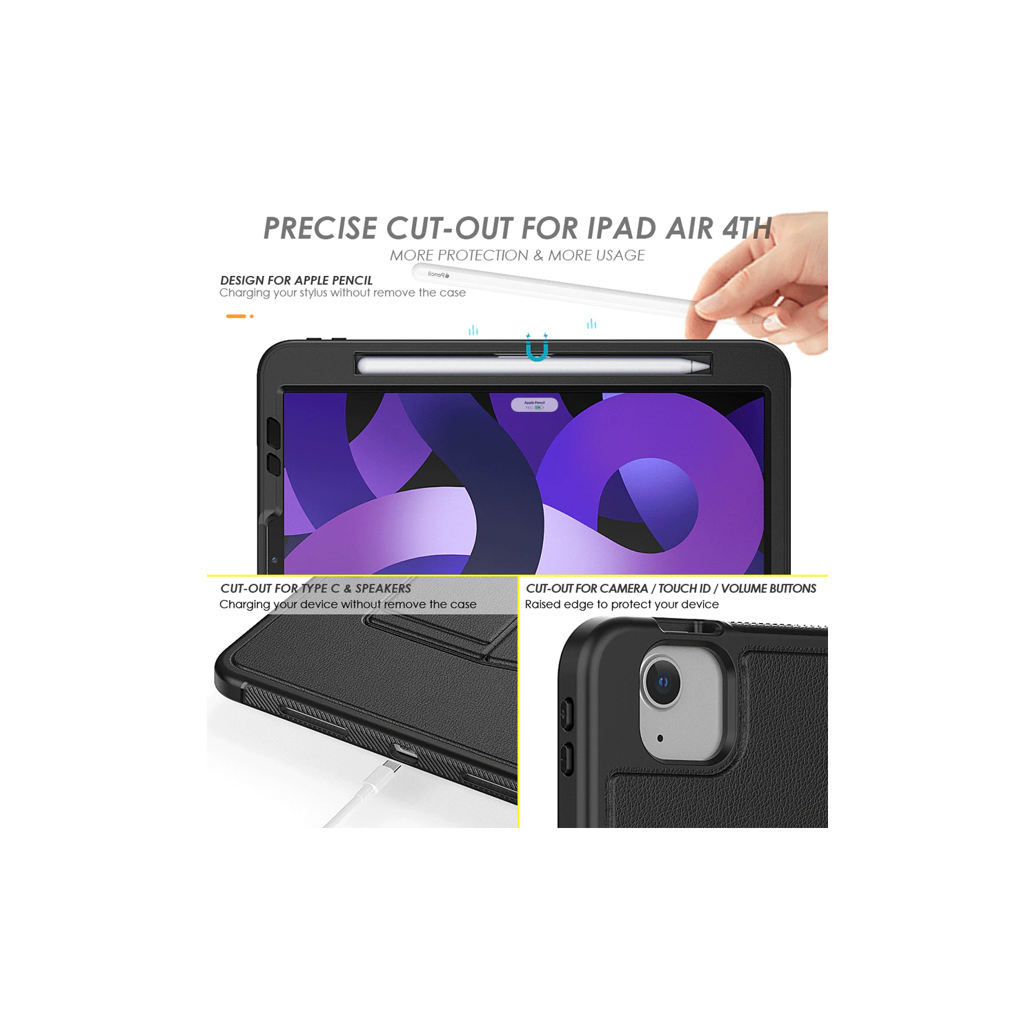 Shockproof Leather Magnetic Smart Cover Rugged Stand Case with Pencil Holder for iPad 10th Gen. / iPad 11th Gen., Black