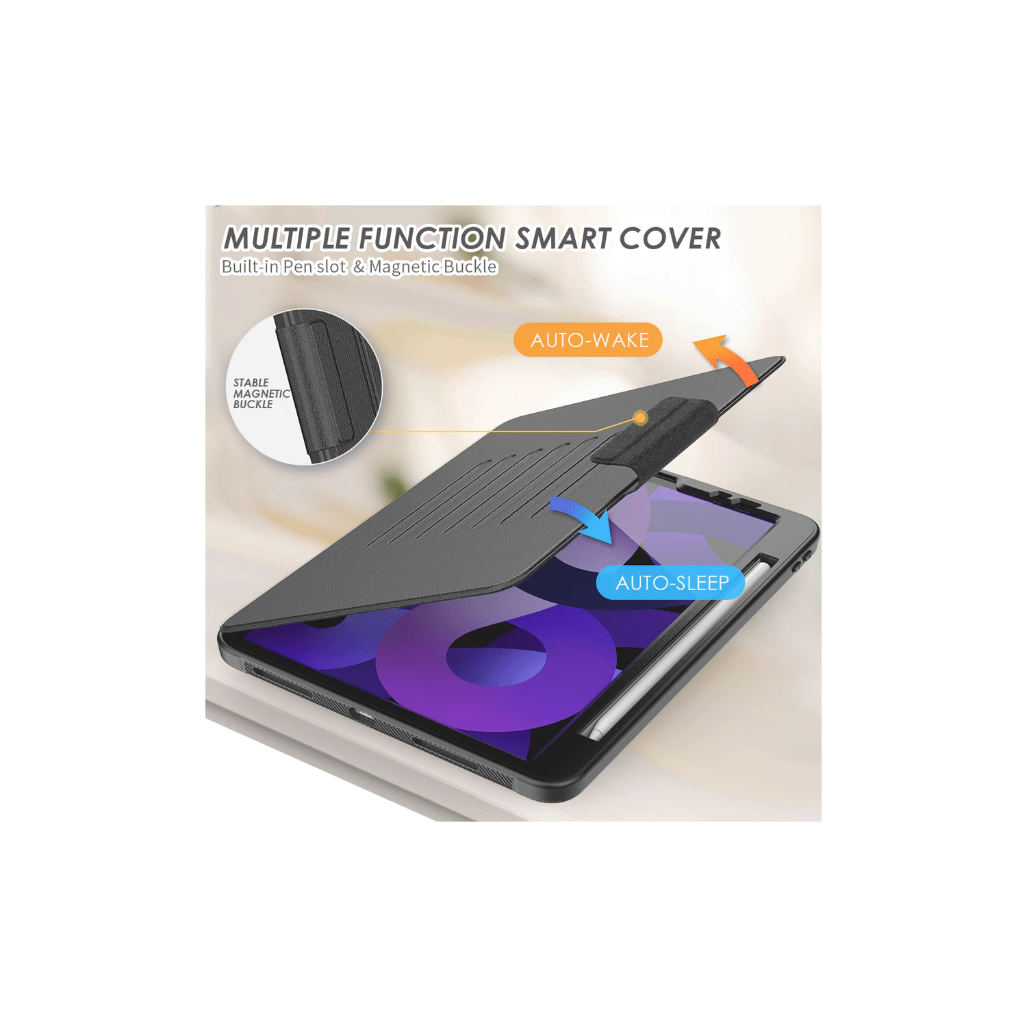 Étui-support magnétique en cuir antichoc Smart Cover et porte-stylet pour iPad mini 6 7 6ᵉ 7ᵉ gén., noir