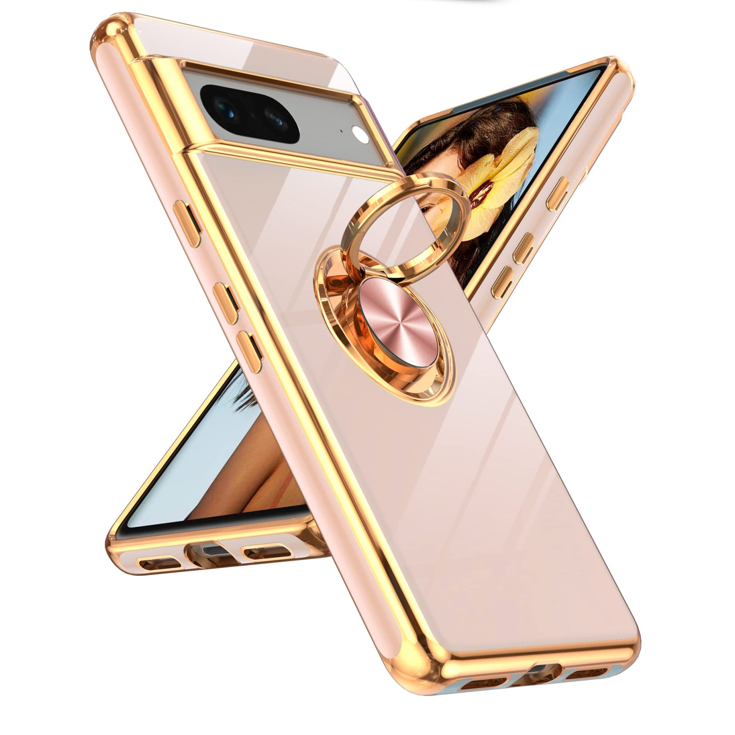 LeYi for Pixel 7 Case, Google Pixel 7 Case 360°Rotatable Ring Holder Magnetic Kickstand Soft Silicone Plating Rose Gold Edge Shockproof Protective