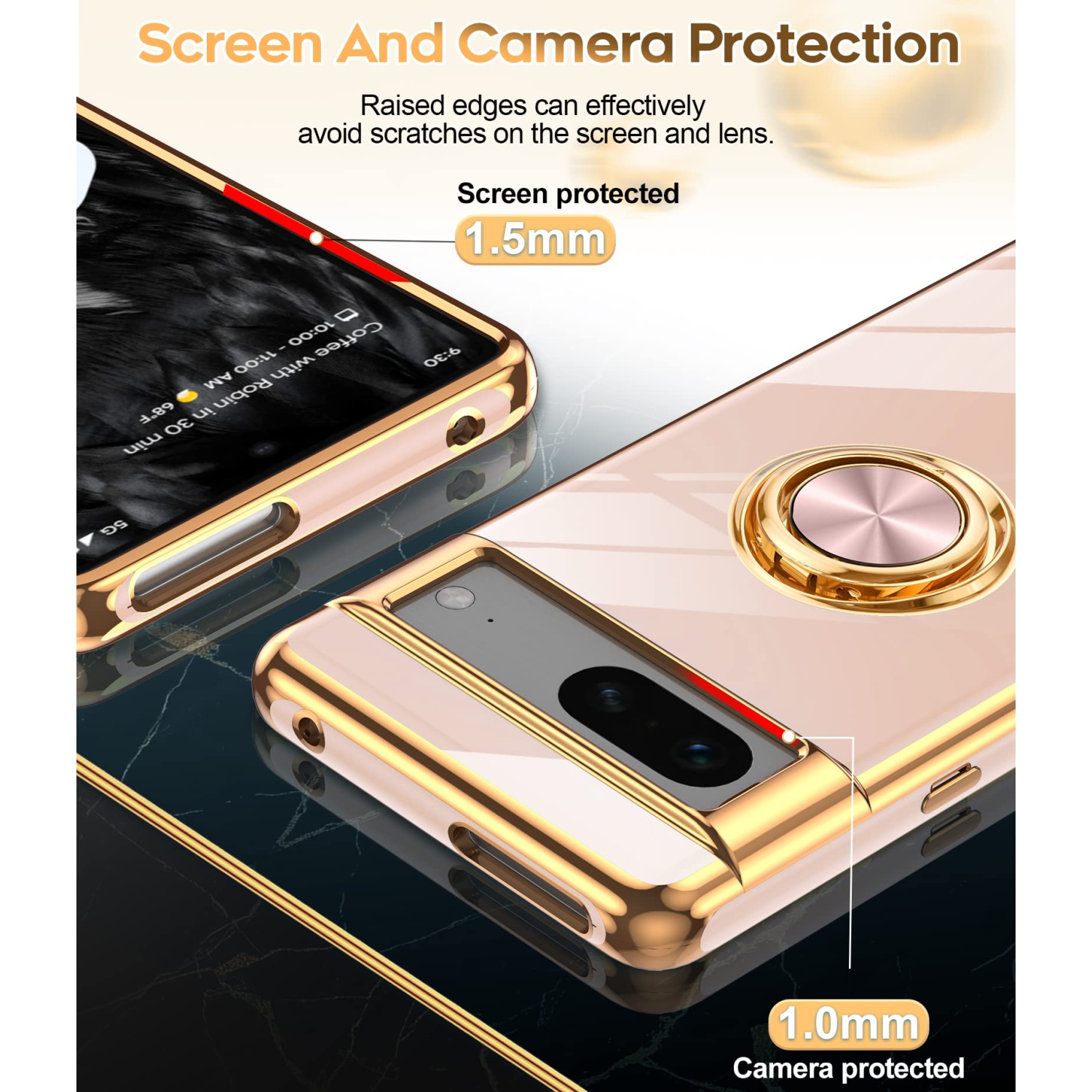 LeYi for Pixel 7 Case, Google Pixel 7 Case 360°Rotatable Ring Holder Magnetic Kickstand Soft Silicone Plating Rose Gold Edge Shockproof Protective