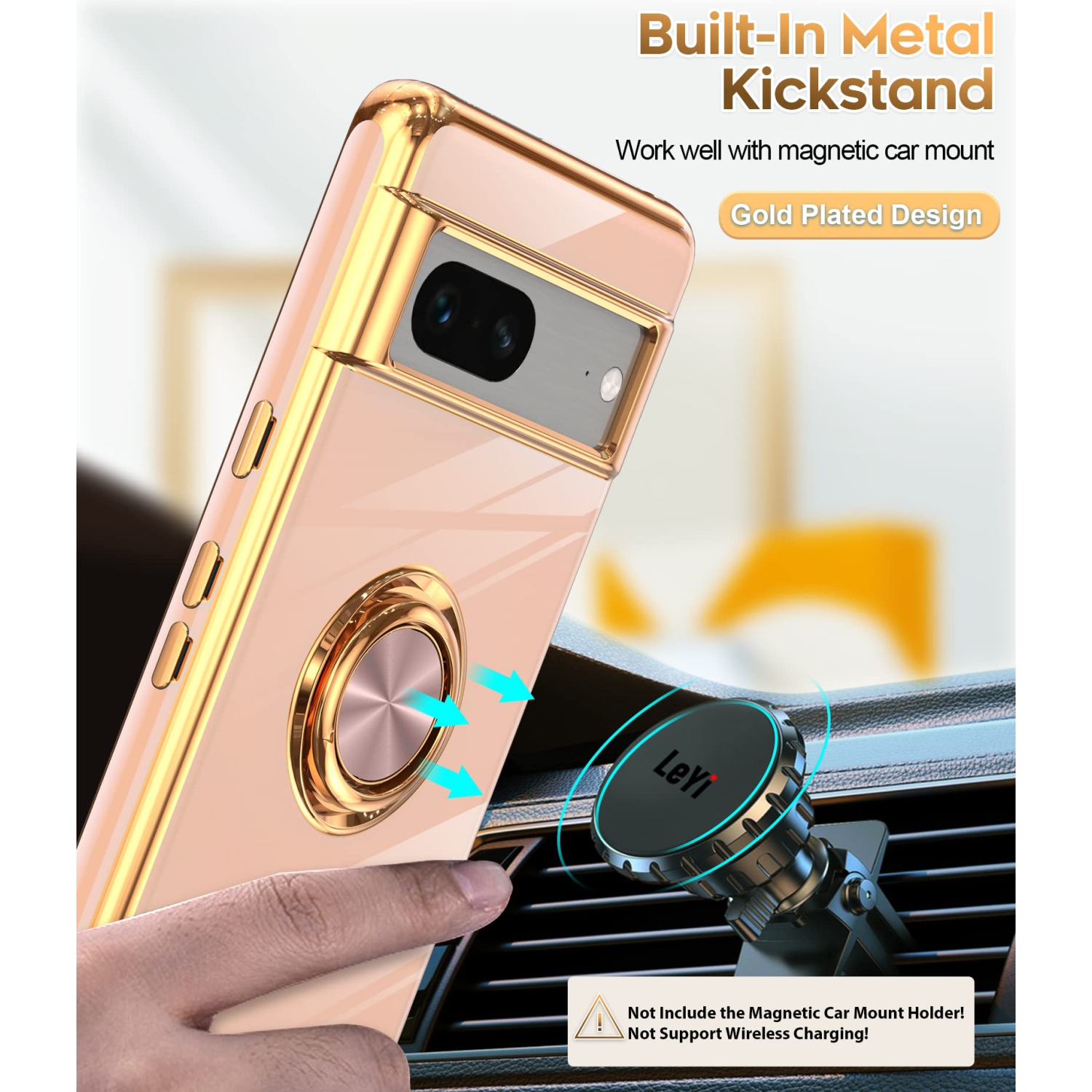 LeYi for Pixel 7 Case, Google Pixel 7 Case 360°Rotatable Ring Holder Magnetic Kickstand Soft Silicone Plating Rose Gold Edge Shockproof Protective