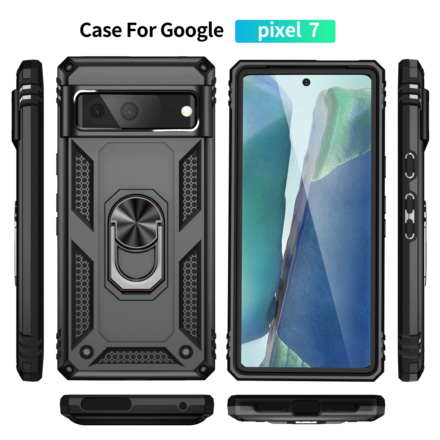 HLD Military-Grade Shockproof Case for Google Pixel 7 with Tempered Glass Screen Protector & 360 Degree Rotation Ring Kickstand - Works with Magnetic