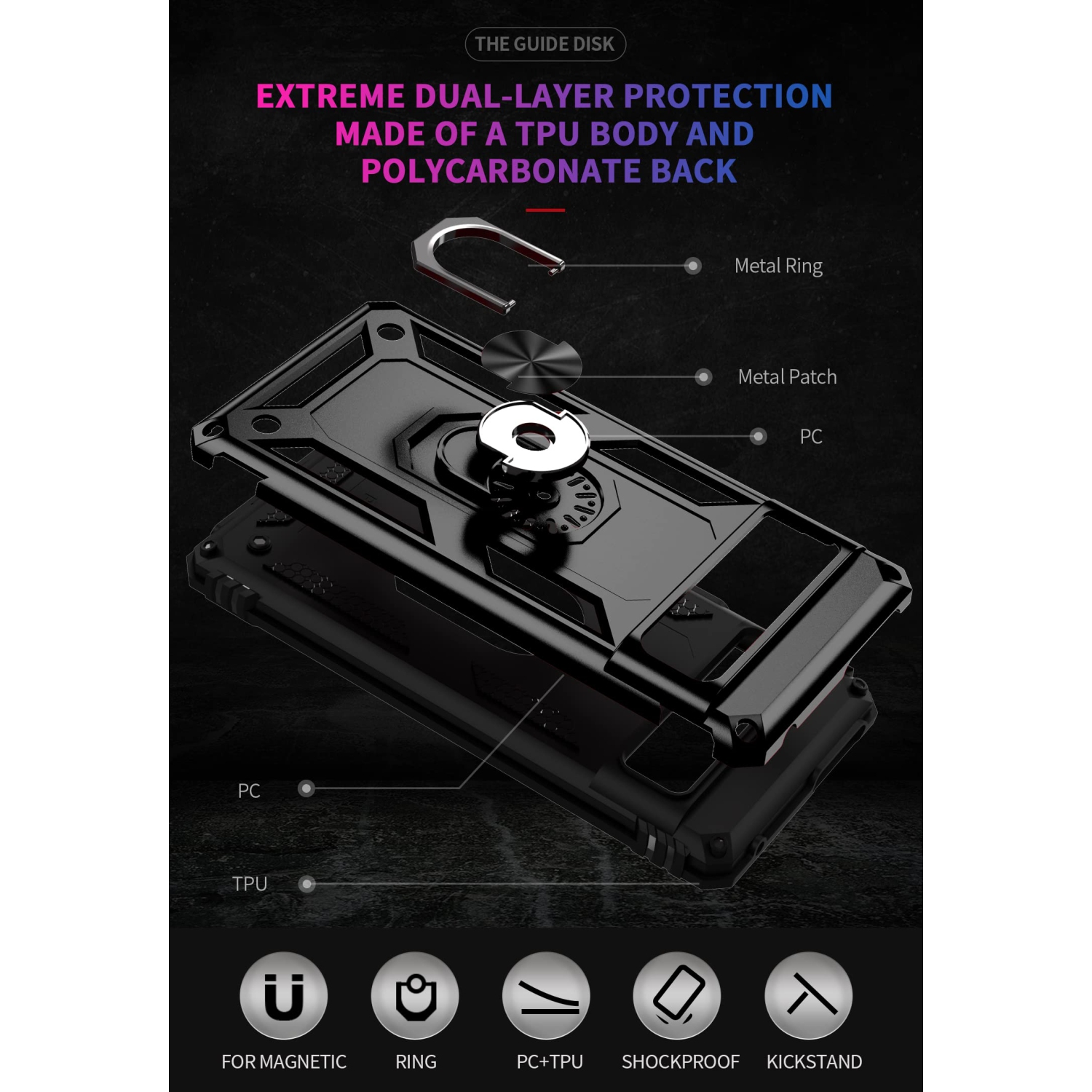 HLD Military-Grade Shockproof Case for Google Pixel 7 with Tempered Glass Screen Protector & 360 Degree Rotation Ring Kickstand - Works with Magnetic