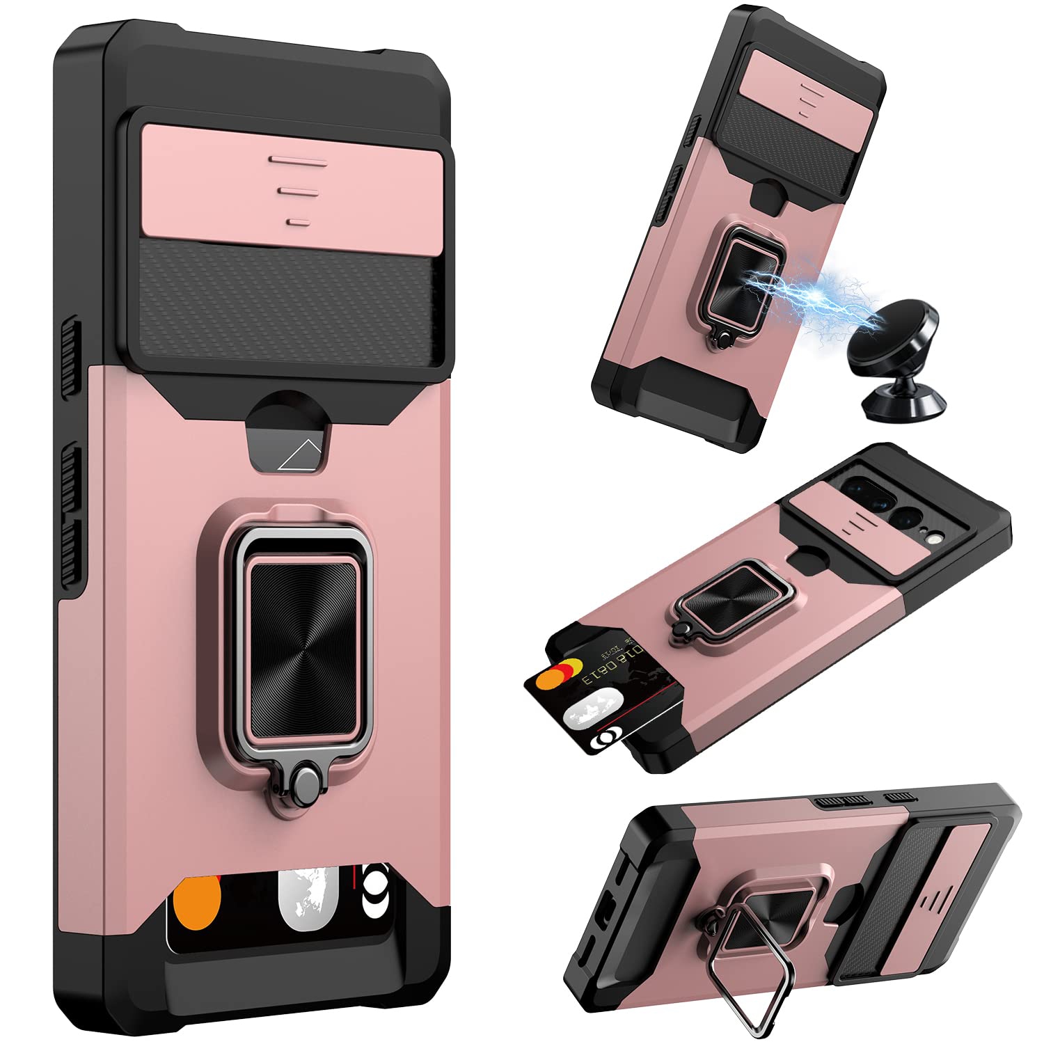 for Google Pixel 7 Pro Case,Multi-Functional Pixel 7 Pro Wallet Case with Card Holder,Sliding Camera Cover & Ring Holder Magnet Kickstand Phone Case