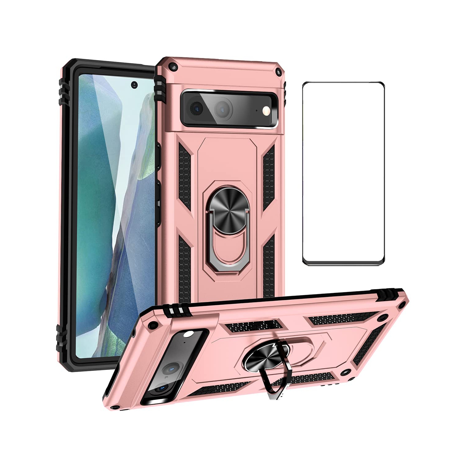 for Google Pixel 7 case with Tempered Glass Screen Protector,360 Degree Rotation Ring Kickstand Military-Grade Shockproof Cover Work with Magnetic