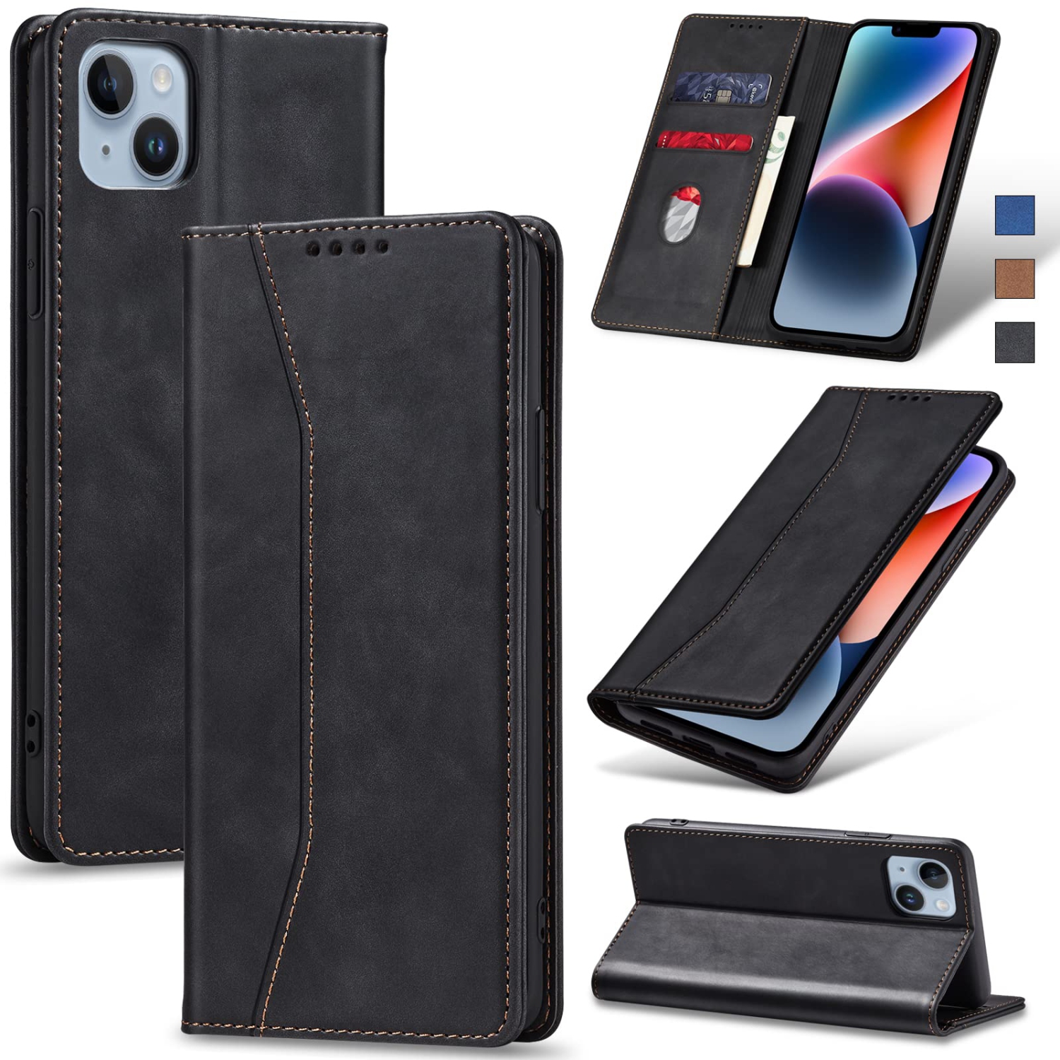 Jasonyu Wallet Case for iPhone 14, PU Leather Cover with Stand, Magnetic Folio Flip, TPU Shockproof Interior Case and Card Holder Slots, Black