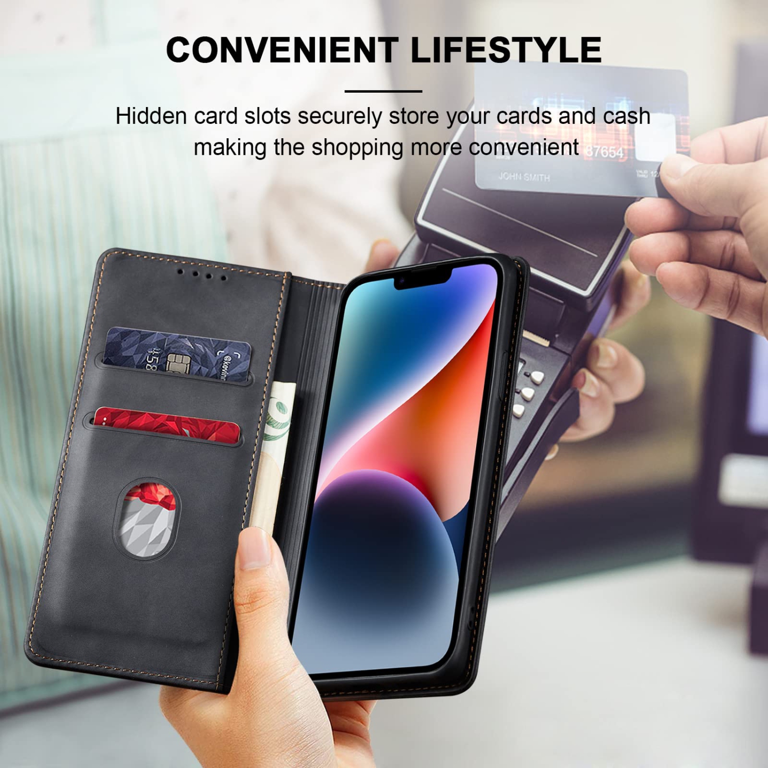 Jasonyu Wallet Case for iPhone 14, PU Leather Cover with Stand, Magnetic Folio Flip, TPU Shockproof Interior Case and Card Holder Slots, Black