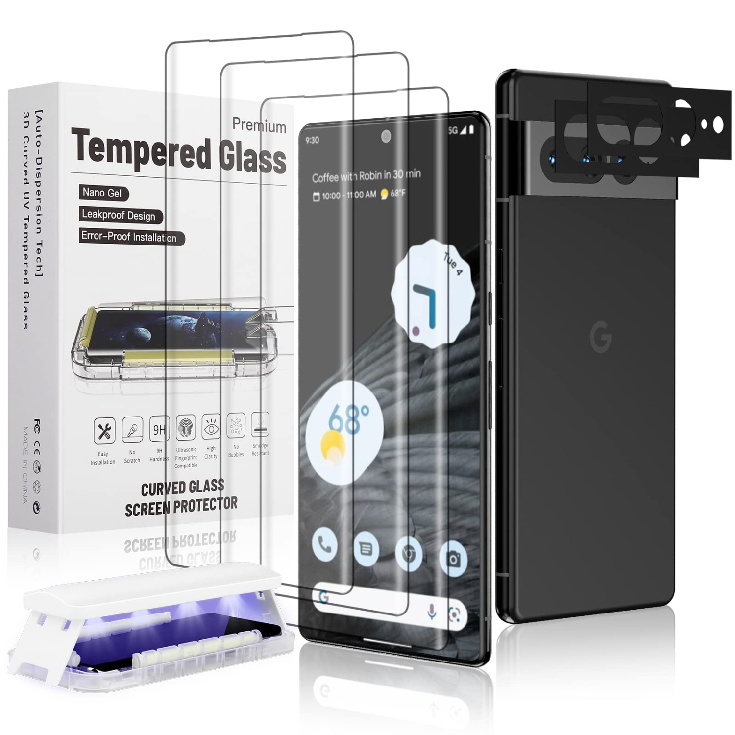 3+2 Pack For Google Pixel 7 Pro Screen Protector Screen Protector Full Tempered Glass Shield and Camera Lens Protector, 3D Curved Glass Film 9H
