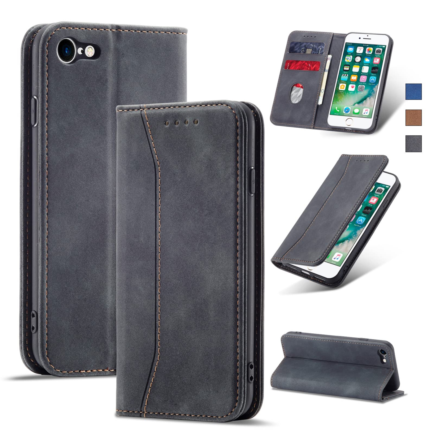 Jasonyu Wallet Case for iPhone SE 2022/2020 and iPhone 8/7, PU Leather Cover with Stand, Magnetic Folio Flip, TPU Shockproof Interior Case and Card Holder Slots, Black