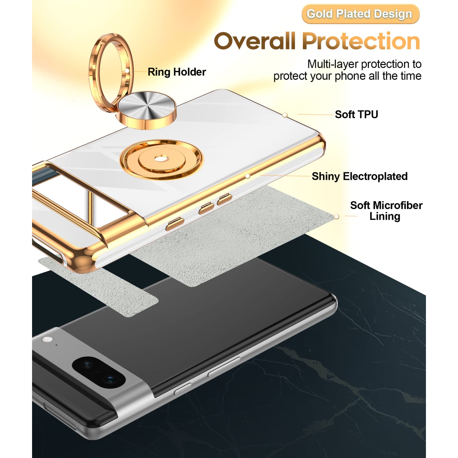 LeYi for Pixel 7 Case, Google Pixel 7 Case 360°Rotatable Ring Holder Magnetic Kickstand Soft Silicone Plating Rose Gold Edge Shockproof Protective