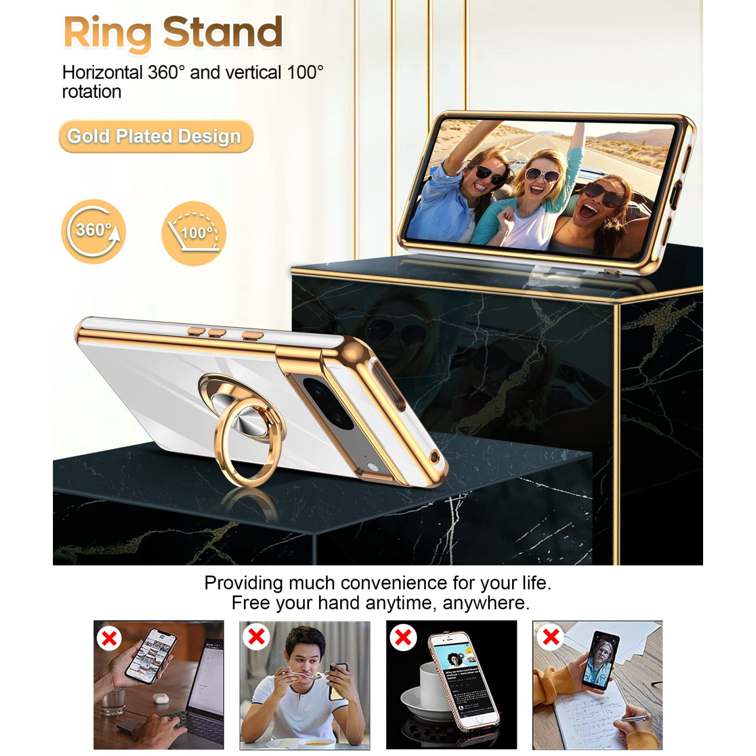 LeYi for Pixel 7 Case, Google Pixel 7 Case 360°Rotatable Ring Holder Magnetic Kickstand Soft Silicone Plating Rose Gold Edge Shockproof Protective