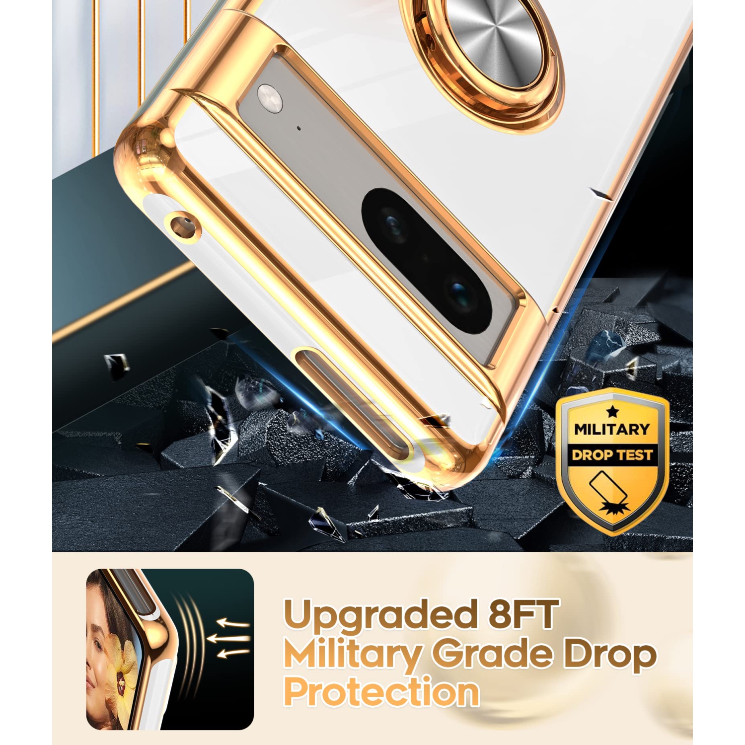 LeYi for Pixel 7 Case, Google Pixel 7 Case 360°Rotatable Ring Holder Magnetic Kickstand Soft Silicone Plating Rose Gold Edge Shockproof Protective