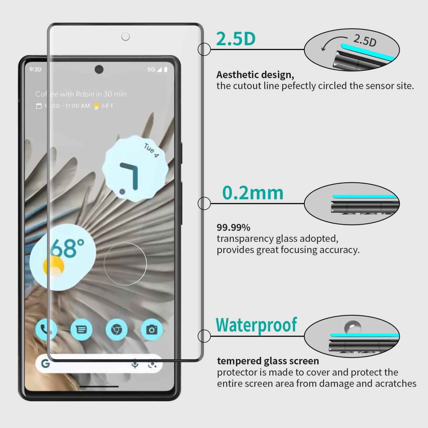 2 Pack QUESPLE for Google Pixel 7 Pro Screen Protector, 9H Tempered Glass, Ultrasonic Fingerprint Compatible, 3D Curved, HD Clear Scratch Resistant