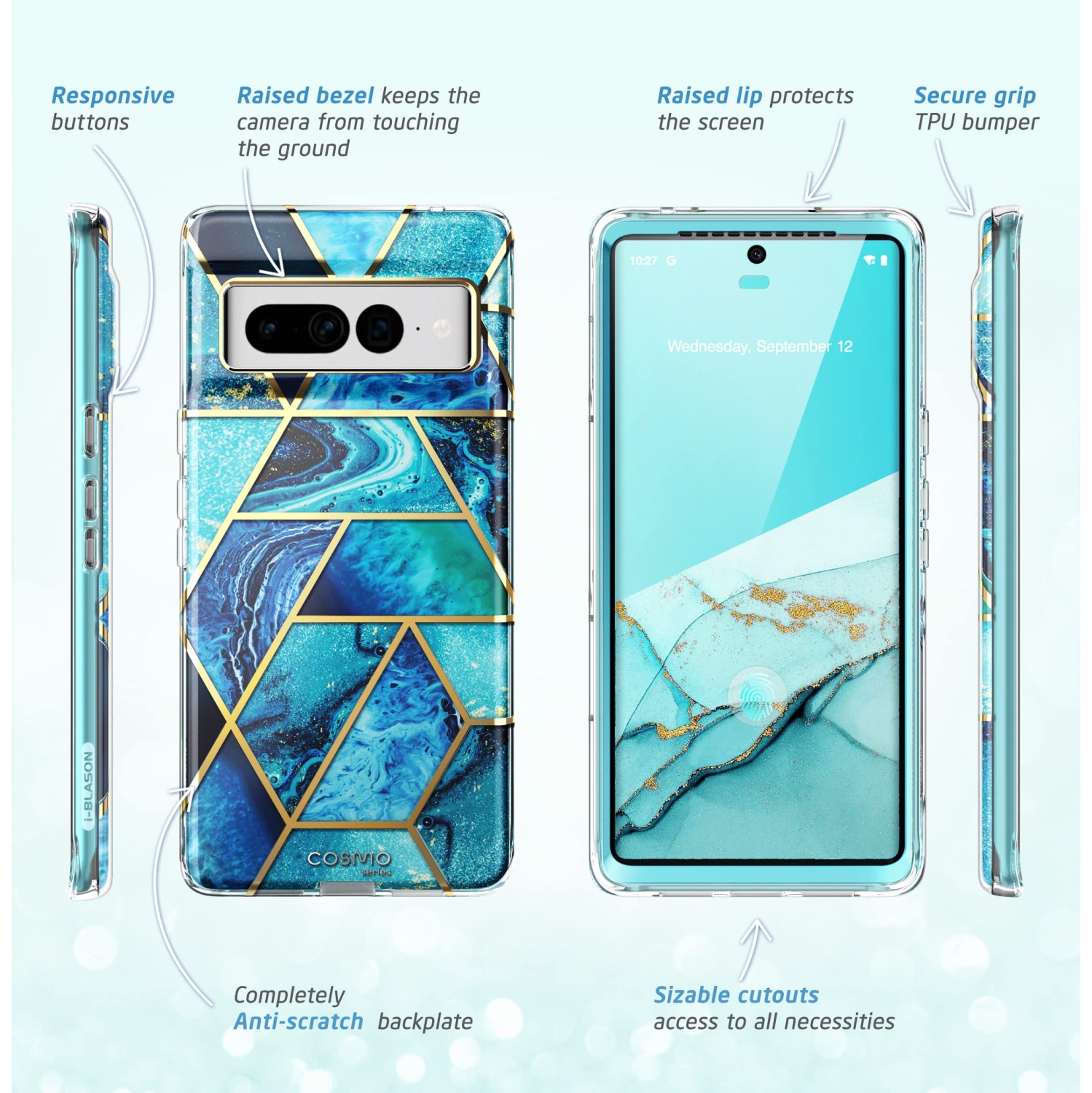 Cosmo Series for Google Pixel 7 Pro Case, Slim Full-Body Stylish Protective Case with Built-in Screen Protector (Ocean)