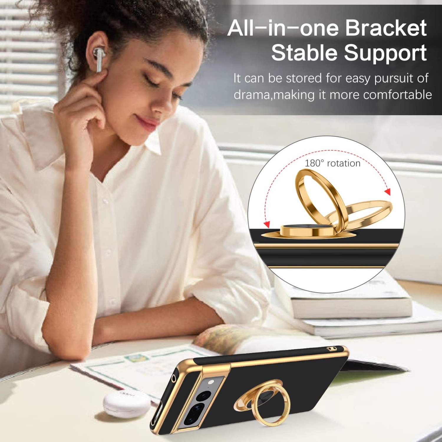 Pixel 7 Pro Case, Google Pixel 7 Pro Case, Ring Holder Edge Plating Kickstand Soft Silicone TPU Bumper Slim Flexible Anti Slip Shockproof Protective