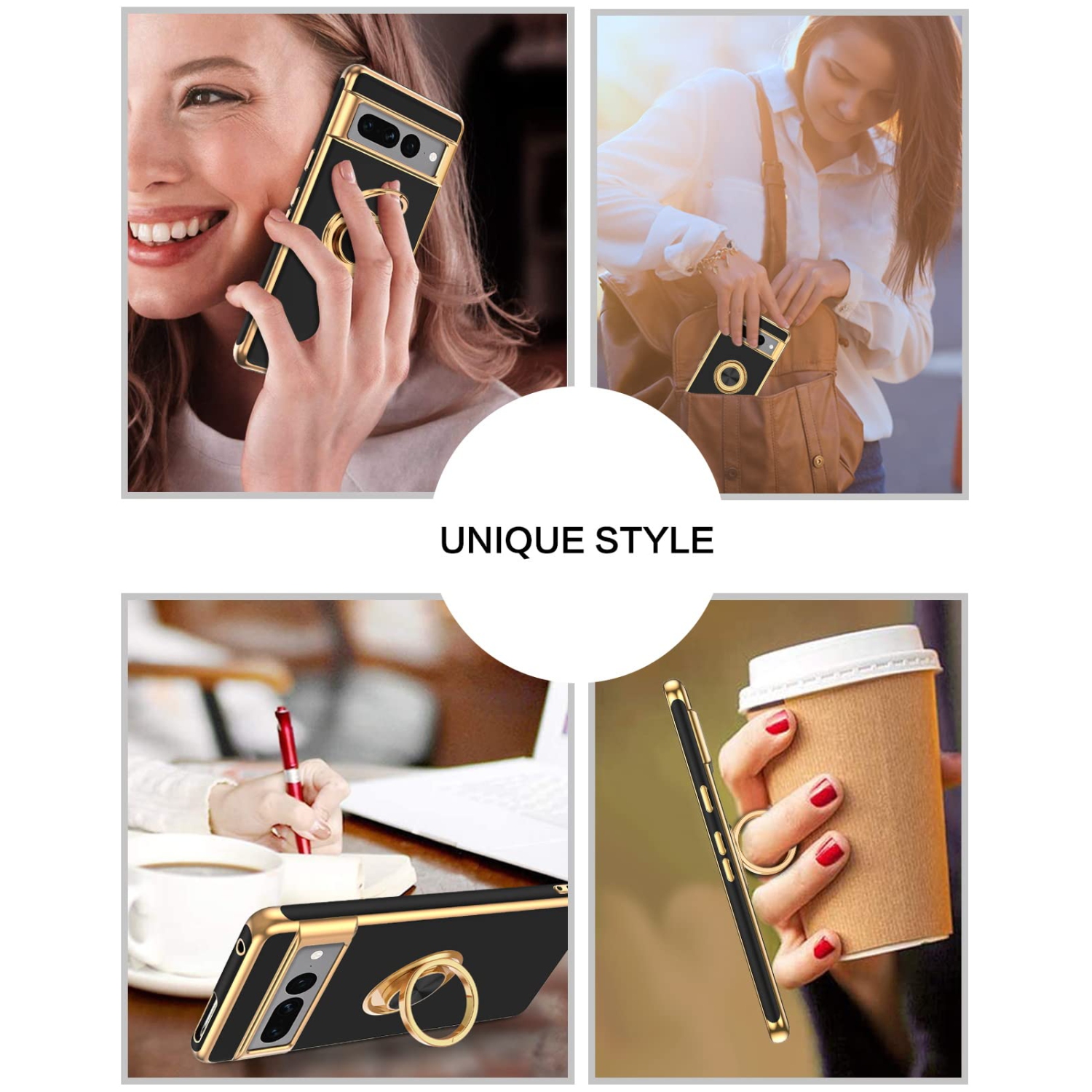 Pixel 7 Pro Case, Google Pixel 7 Pro Case, Ring Holder Edge Plating Kickstand Soft Silicone TPU Bumper Slim Flexible Anti Slip Shockproof Protective