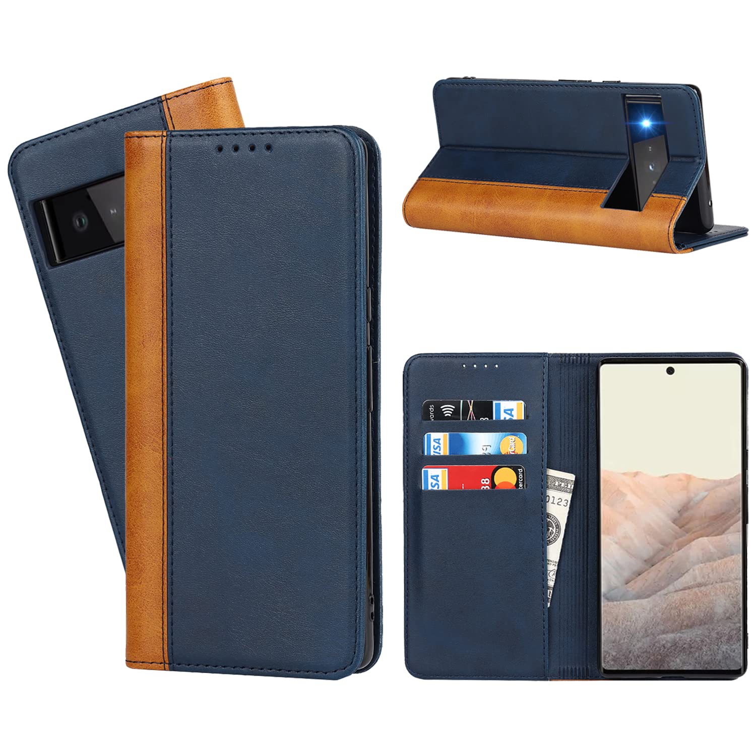 Google Pixel 6 pro 6.7 inch Wallet Case- case with Card Holder -PU Leather Cover -for Women and Men-Google Pixel 6 pro Étui Pour portefeuille Flip Cell Phone case-Blue Yellow