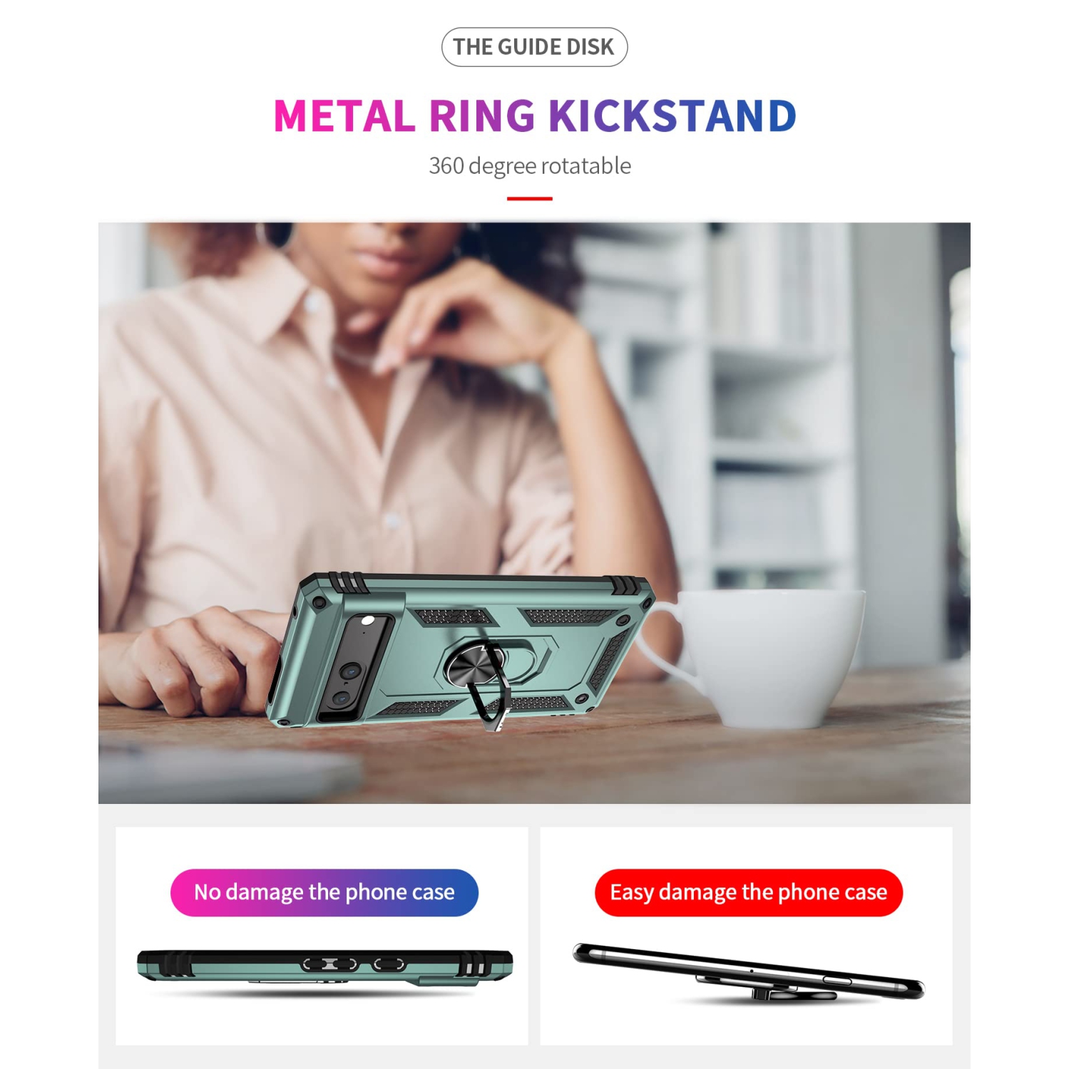 for Google Pixel 7 case with Tempered Glass Screen Protector,360 Degree Rotation Ring Kickstand Military-Grade Shockproof Cover Work with Magnetic