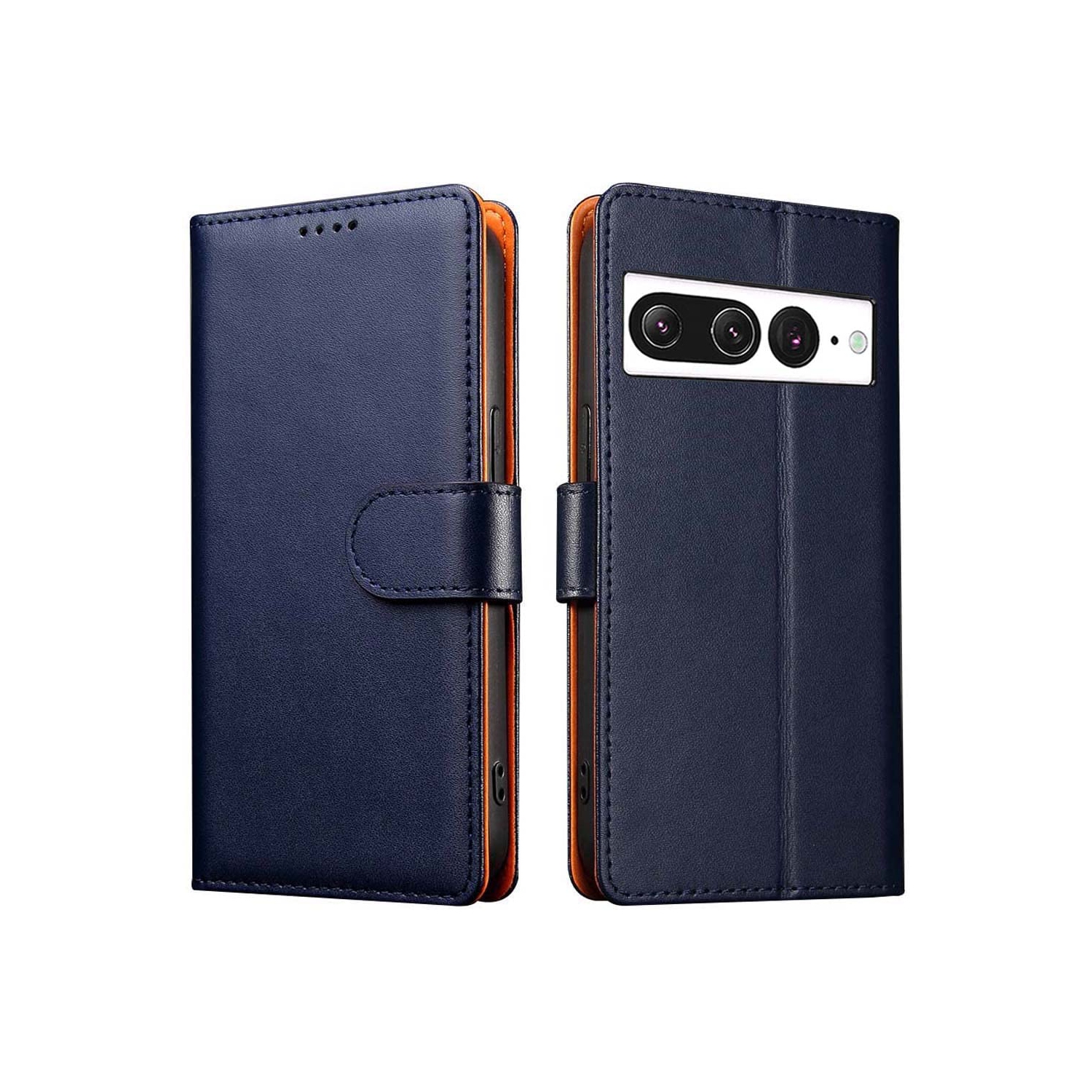 HLD RFID Blocking Genuine Leather Wallet Case for Google Pixel 7 Pro with Kickstand, Magnetic Clasp, Cash & Credit Card Slots - Blue