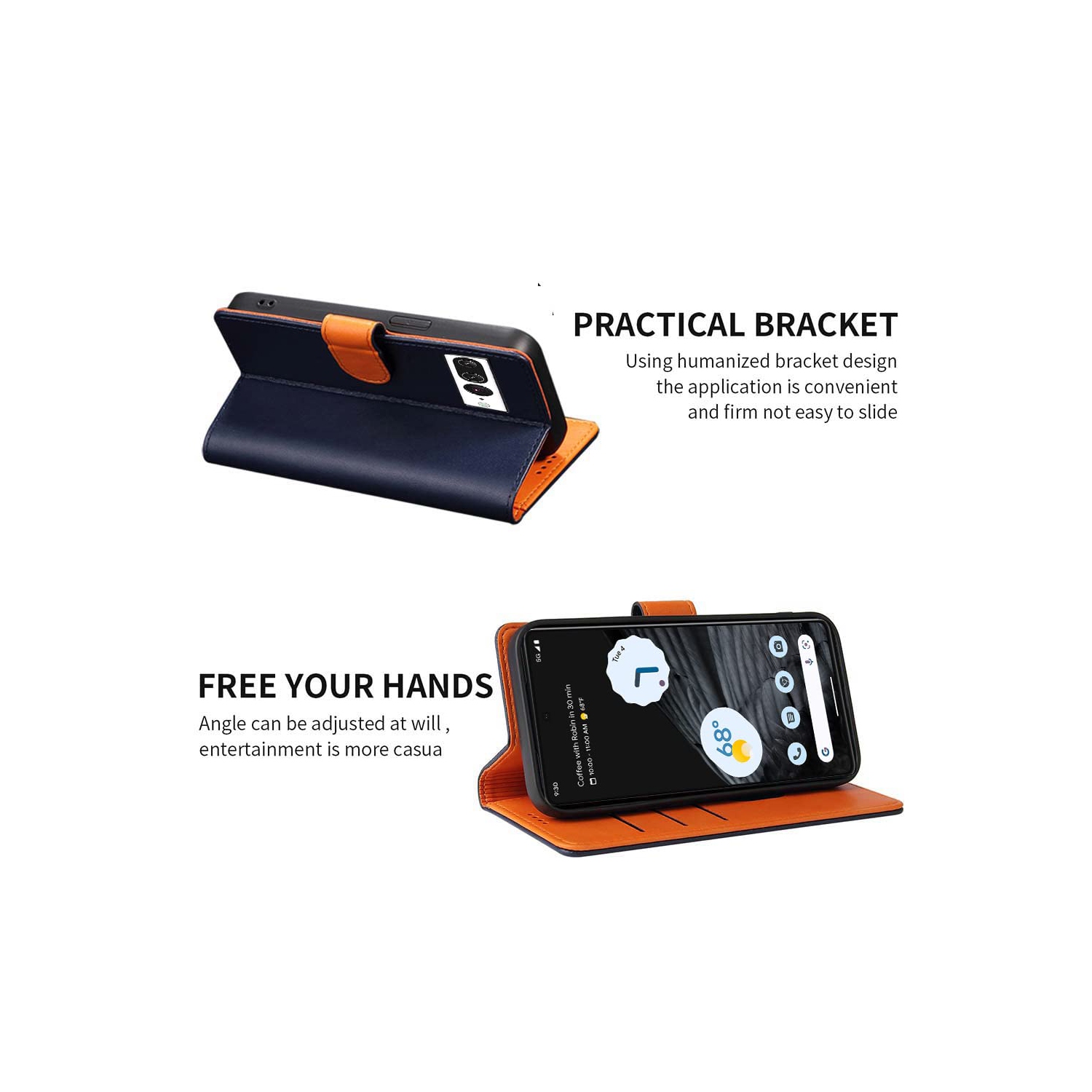 HLD RFID Blocking Genuine Leather Wallet Case for Google Pixel 7 Pro with Kickstand, Magnetic Clasp, Cash & Credit Card Slots - Blue