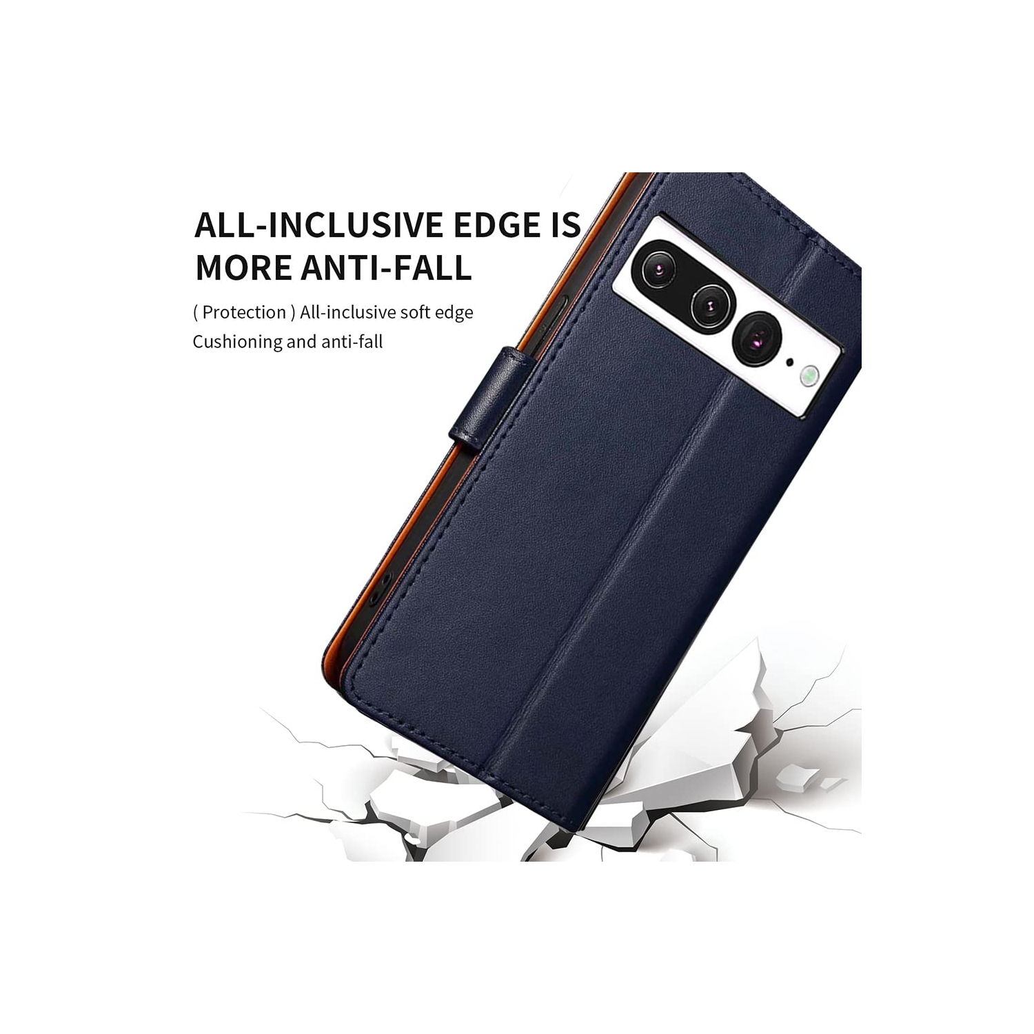 HLD RFID Blocking Genuine Leather Wallet Case for Google Pixel 7 Pro with Kickstand, Magnetic Clasp, Cash & Credit Card Slots - Blue