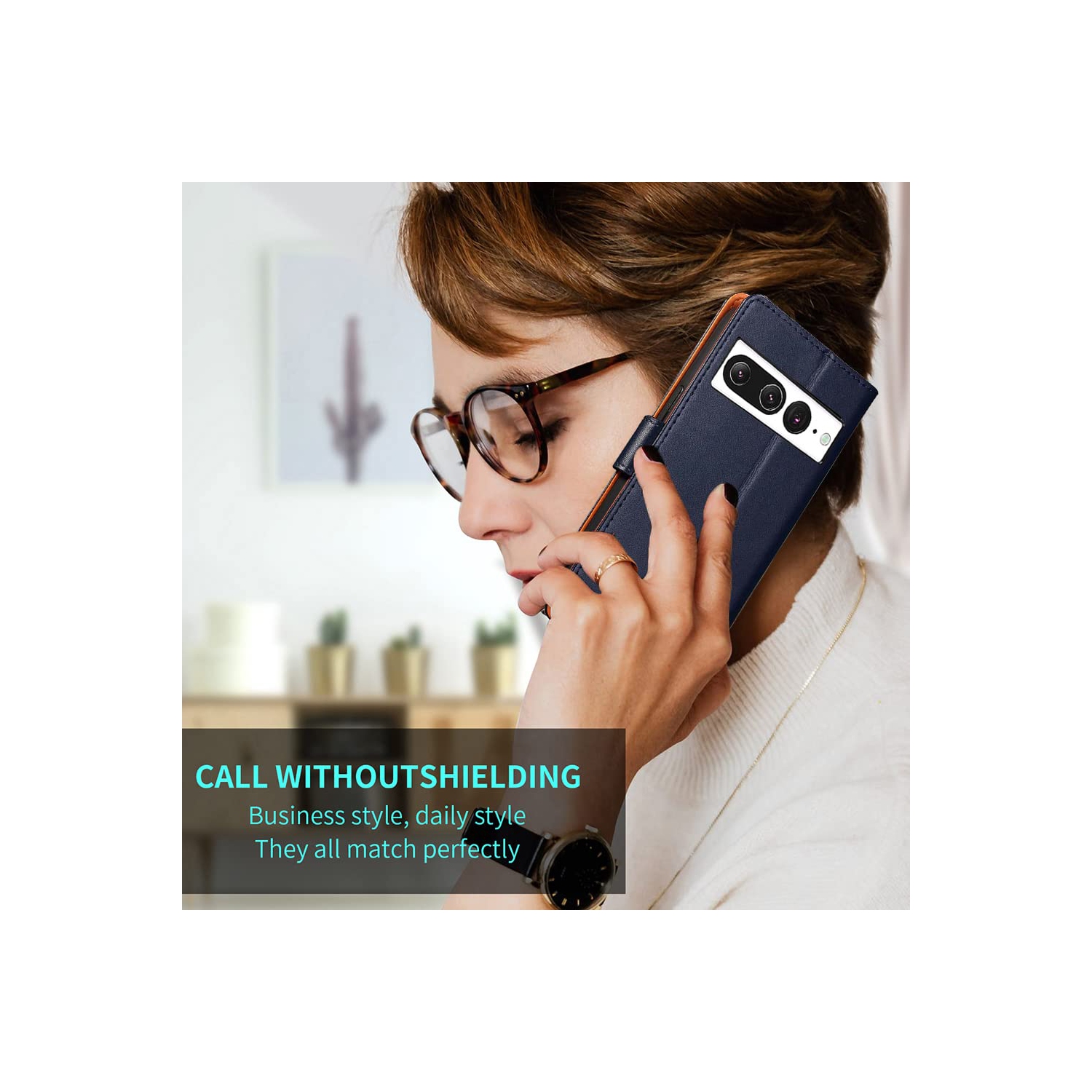 HLD RFID Blocking Genuine Leather Wallet Case for Google Pixel 7 Pro with Kickstand, Magnetic Clasp, Cash & Credit Card Slots - Blue