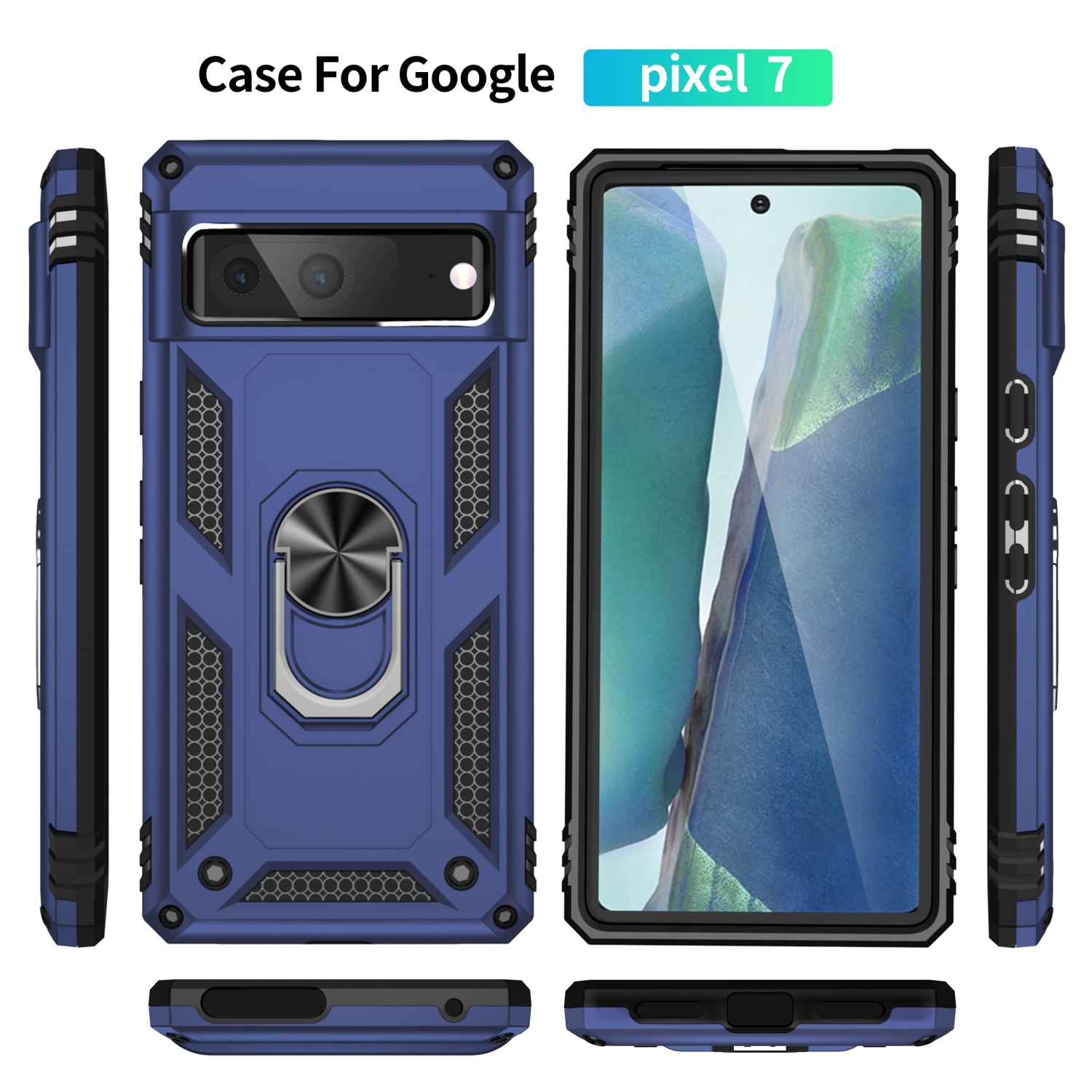 for Google Pixel 7 case with Tempered Glass Screen Protector,360 Degree Rotation Ring Kickstand Military-Grade Shockproof Cover Work with Magnetic