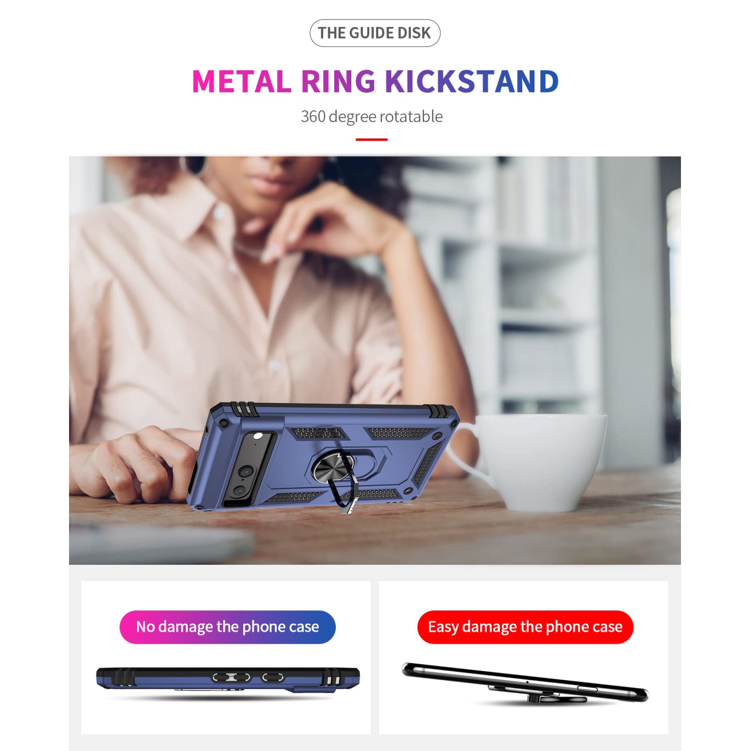 for Google Pixel 7 case with Tempered Glass Screen Protector,360 Degree Rotation Ring Kickstand Military-Grade Shockproof Cover Work with Magnetic