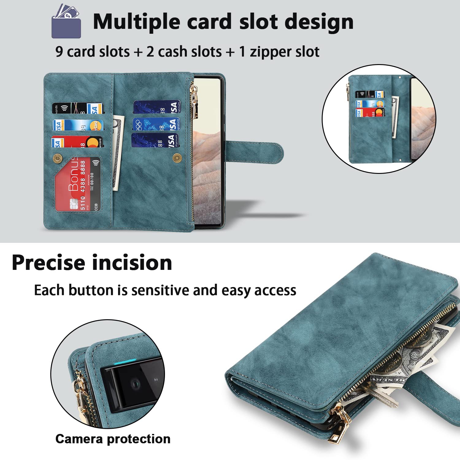 Étui portefeuille pour Pixel 6 6.4 po de Google avec porte-carte blocage RFID -Étui portefeuille à bandoulière à fermeture à glissière- Pixel 6 étui