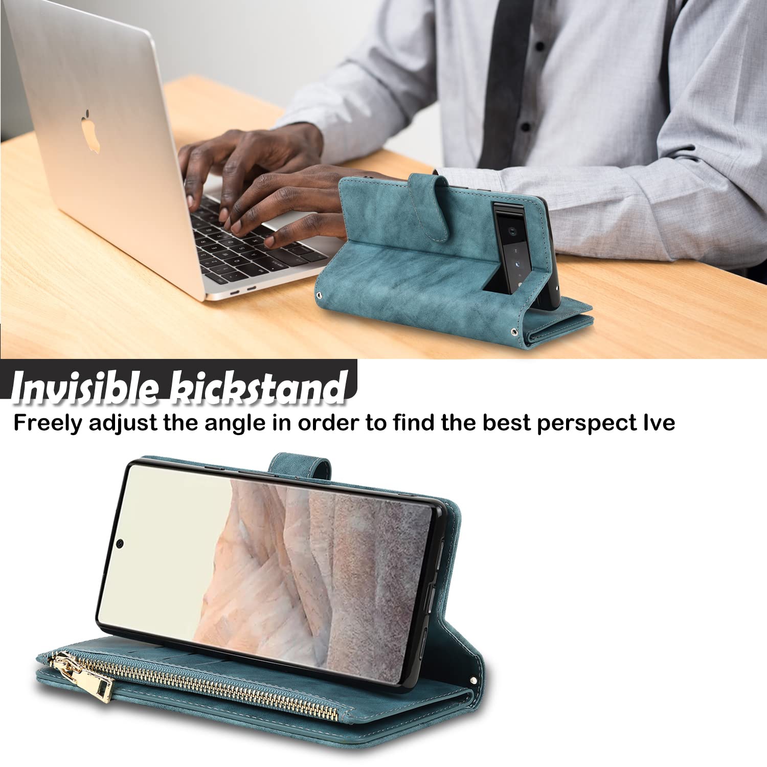 Étui portefeuille pour Pixel 6 6.4 po de Google avec porte-carte blocage RFID -Étui portefeuille à bandoulière à fermeture à glissière- Pixel 6 étui