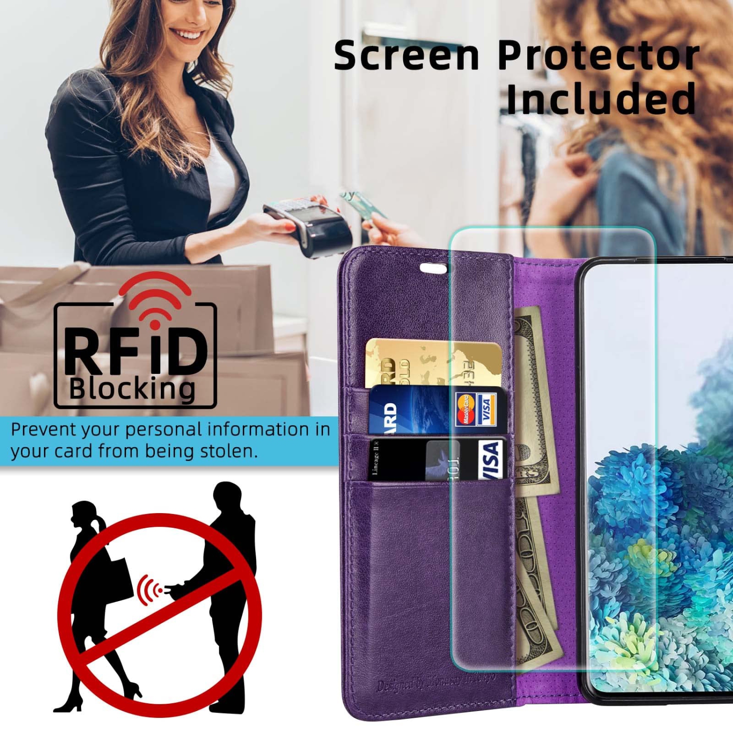 Wallet Case for Google Pixel 7 Pro, Screen Protector Included RFID Blocking Flip Folio Leather Cell Phone Cover with Credit Card Holder for Google