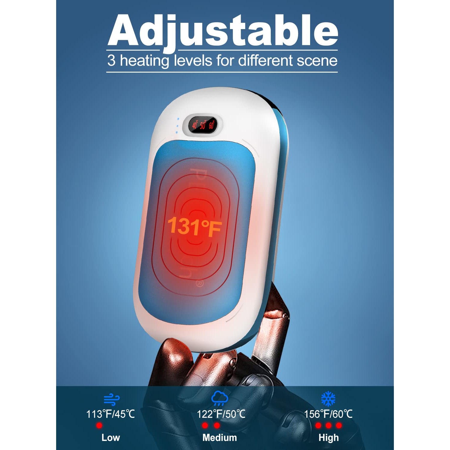 Chauffe-mains rechargeable 10200 mAh, chauffe-main électrique portatif avec lumière d'urgence, autonomie de 16 heures USB, alimentation par batterie