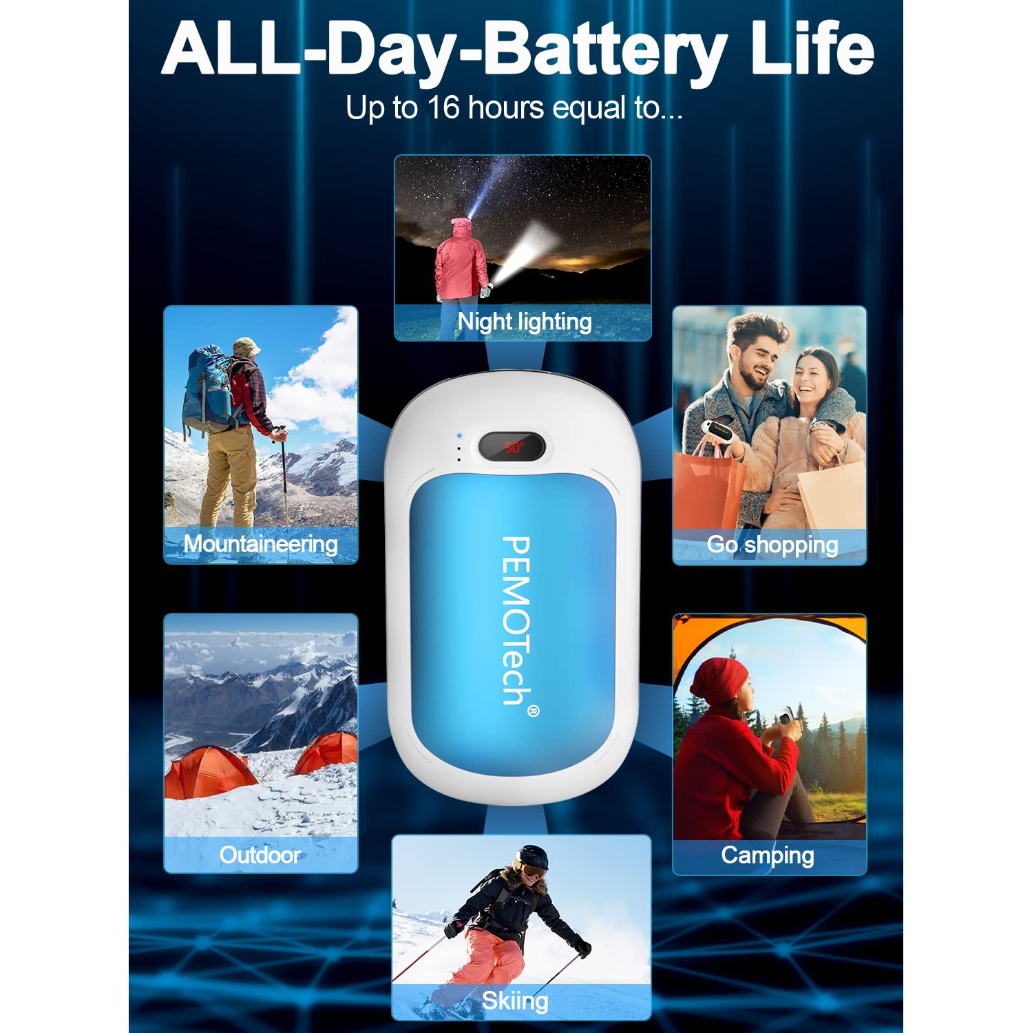 Chauffe-mains rechargeable 10200 mAh, chauffe-main électrique portatif avec lumière d'urgence, autonomie de 16 heures USB, alimentation par batterie