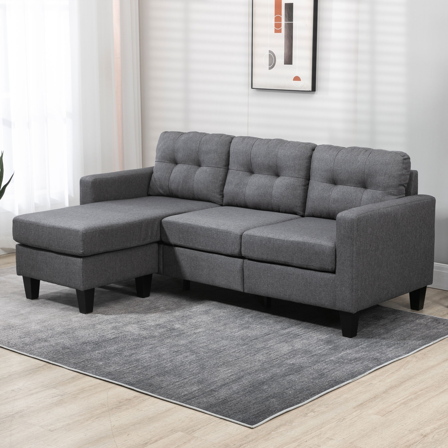HOMCOM Sectional Sofa with Changeable Chaise, 3 Seater Corner Sofa with Ottoman, L Shape Couch with Thick Padded Cushion for Living Room, Office,