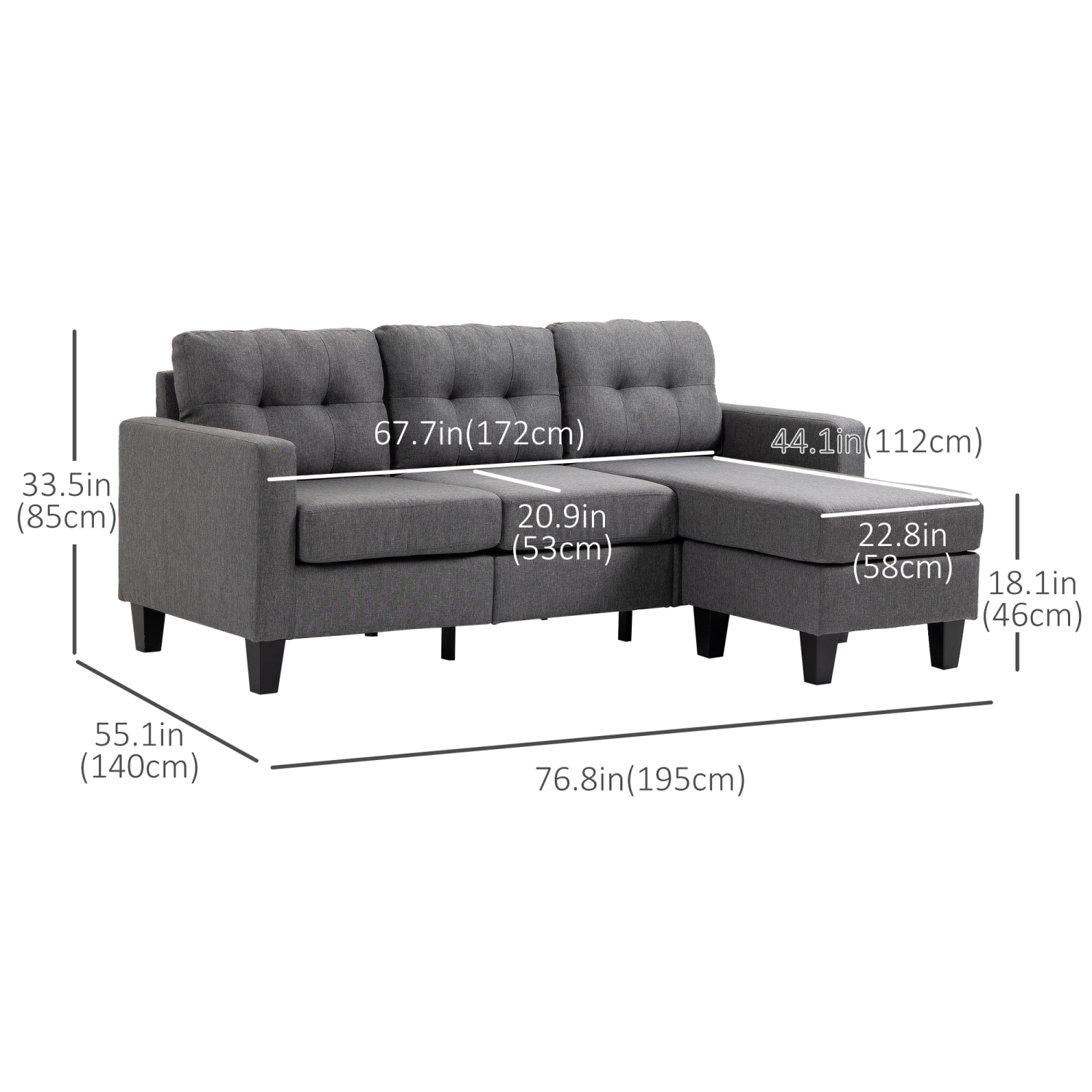 HOMCOM Sectional Sofa with Changeable Chaise, 3 Seater Corner Sofa with Ottoman, L Shape Couch with Thick Padded Cushion for Living Room, Office,