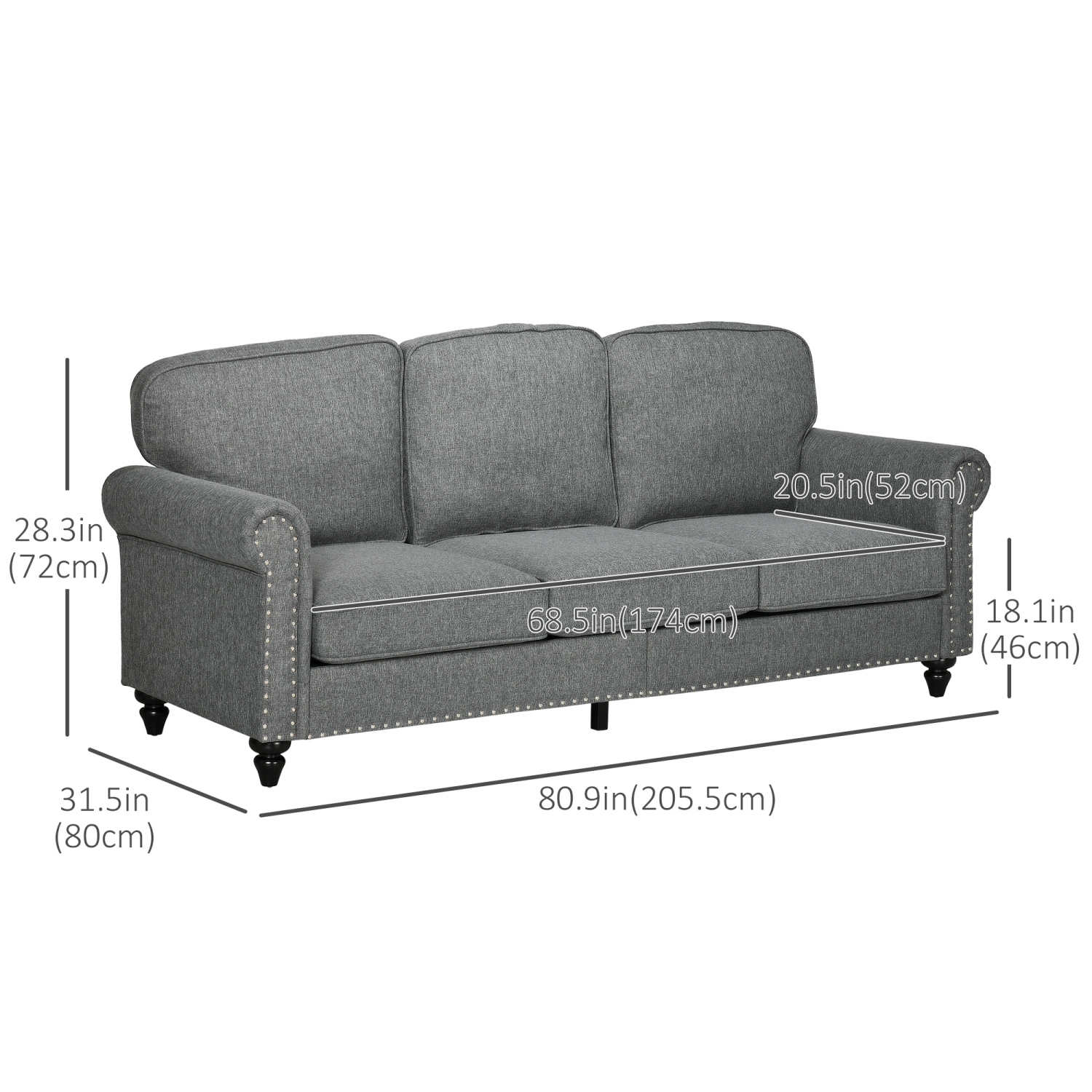 HOMCOM 3-Seater Sofa Couch, 81" Modern Upholstered Linen Fabric Sofa with Rubberwood Legs, Nailhead Trim and Rolled Arms for Living Room, Bedroom and