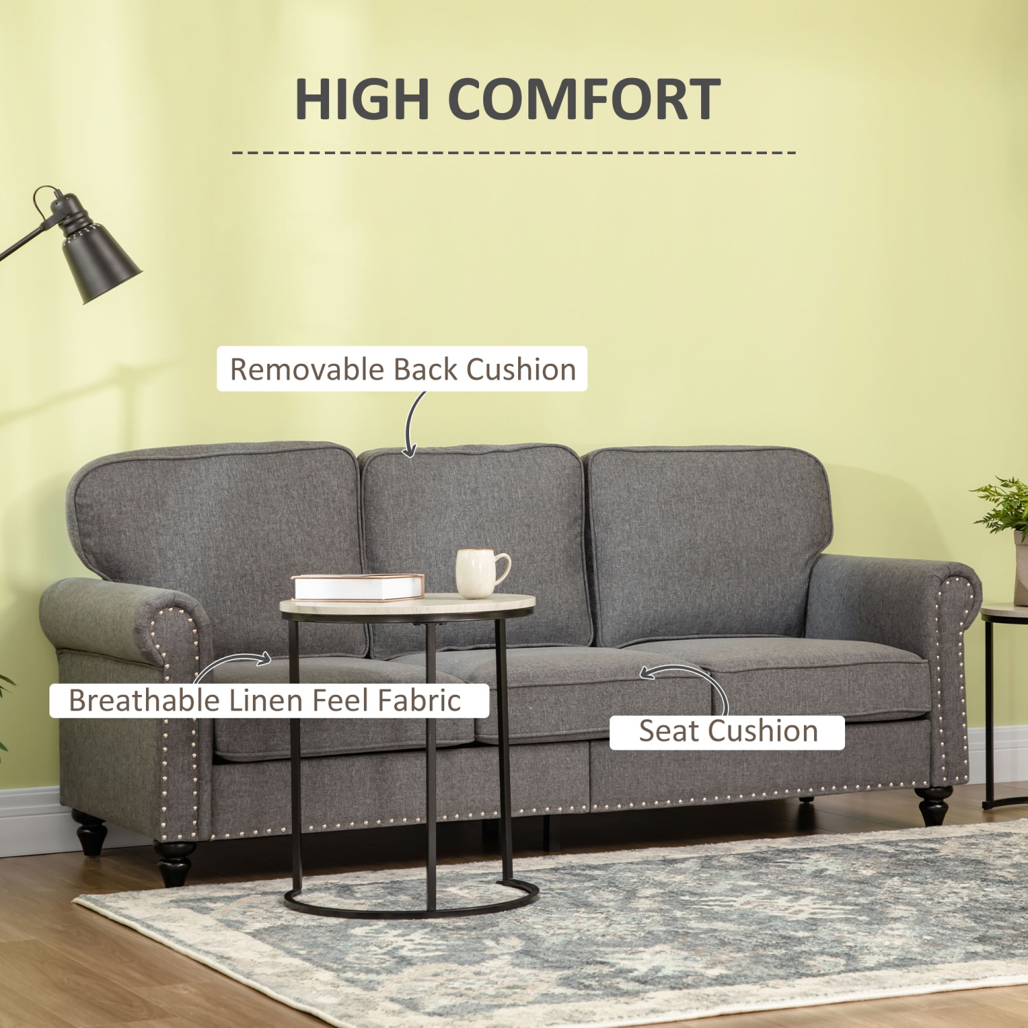 HOMCOM 3-Seater Sofa Couch, 81" Modern Upholstered Linen Fabric Sofa with Rubberwood Legs, Nailhead Trim and Rolled Arms for Living Room, Bedroom and