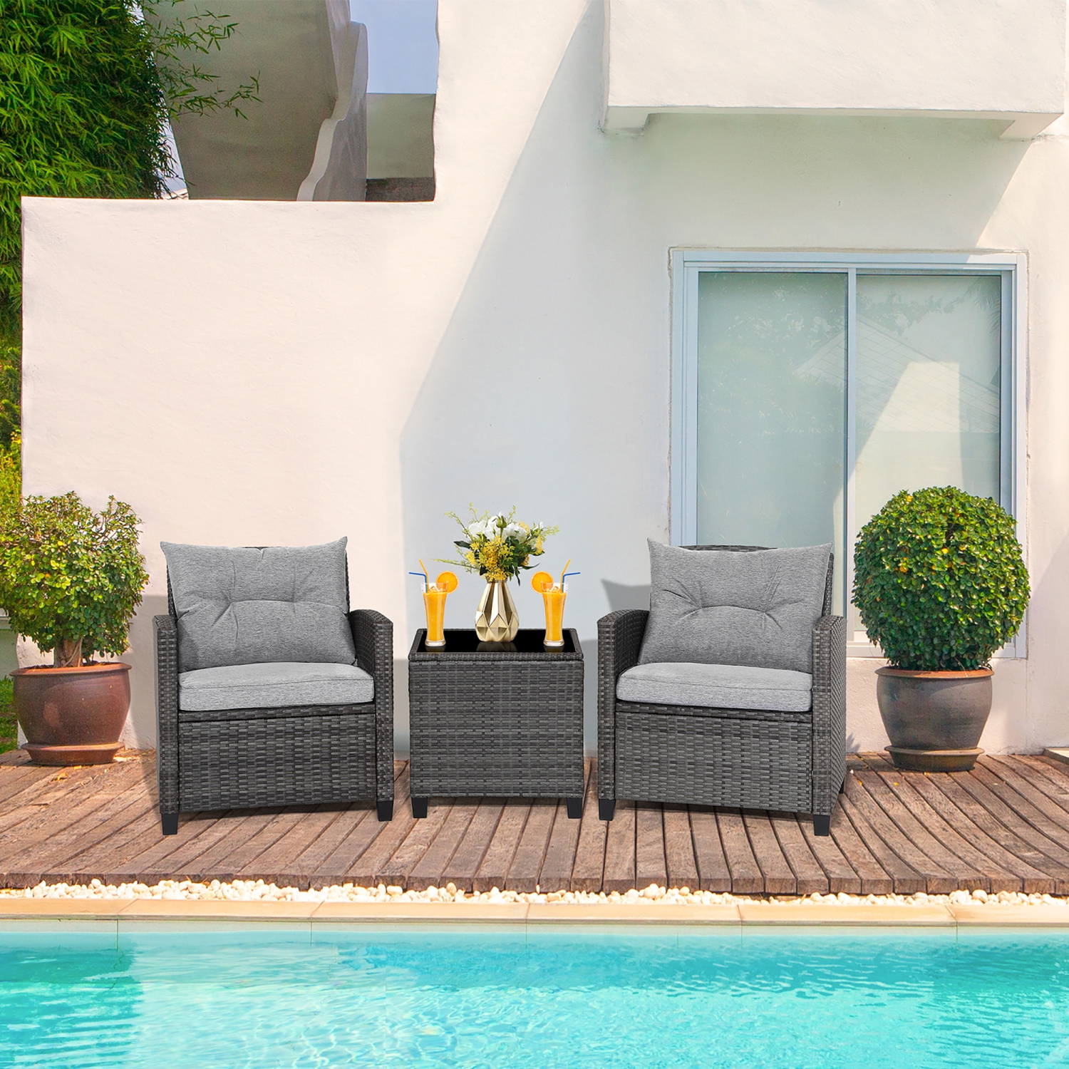 Gymax 3PCS Patio Rattan Sofa Set Outdoor Wicker Conversation Set Glass Tabletop w/ Grey Cushion