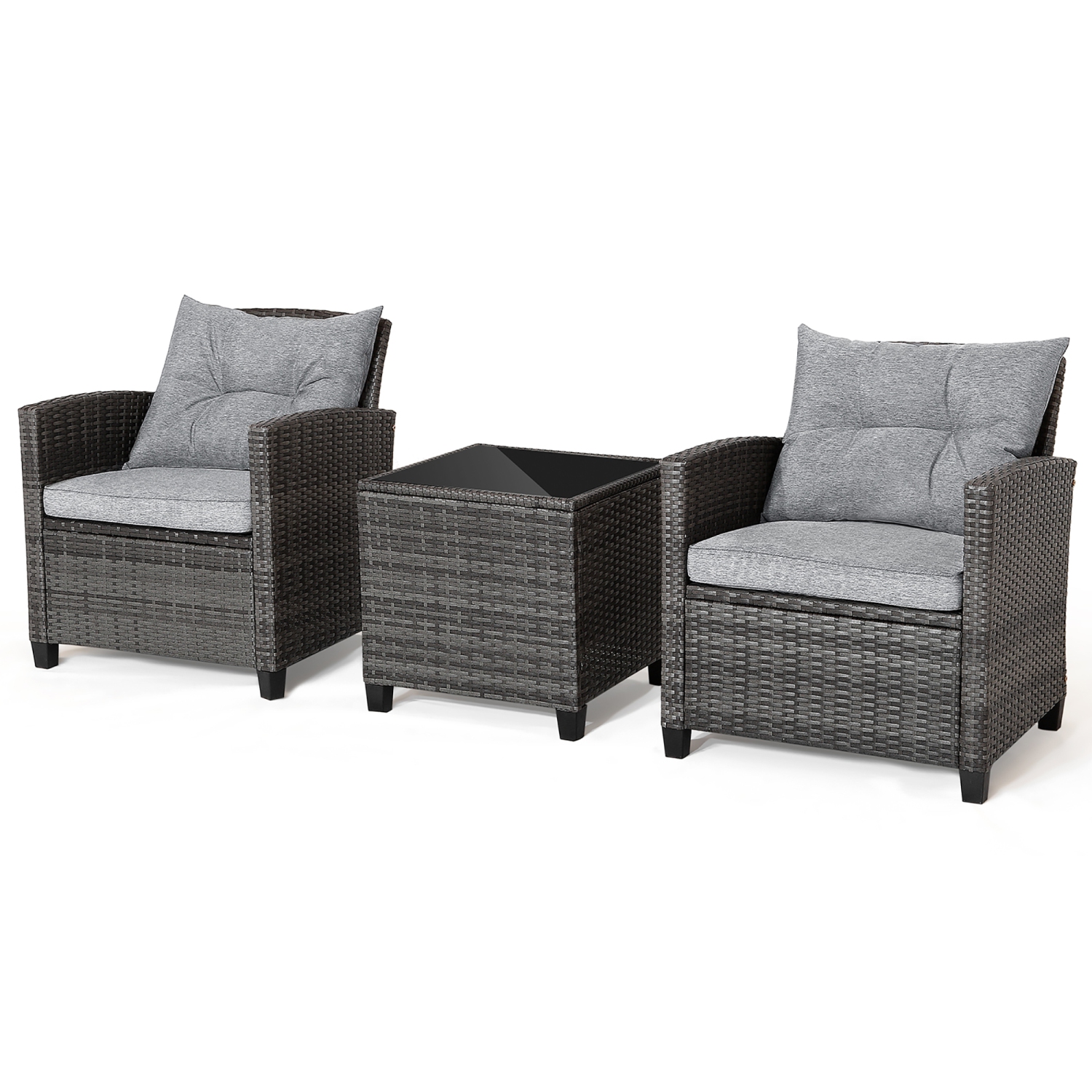 Gymax 3PCS Patio Rattan Sofa Set Outdoor Wicker Conversation Set Glass Tabletop w/ Grey Cushion