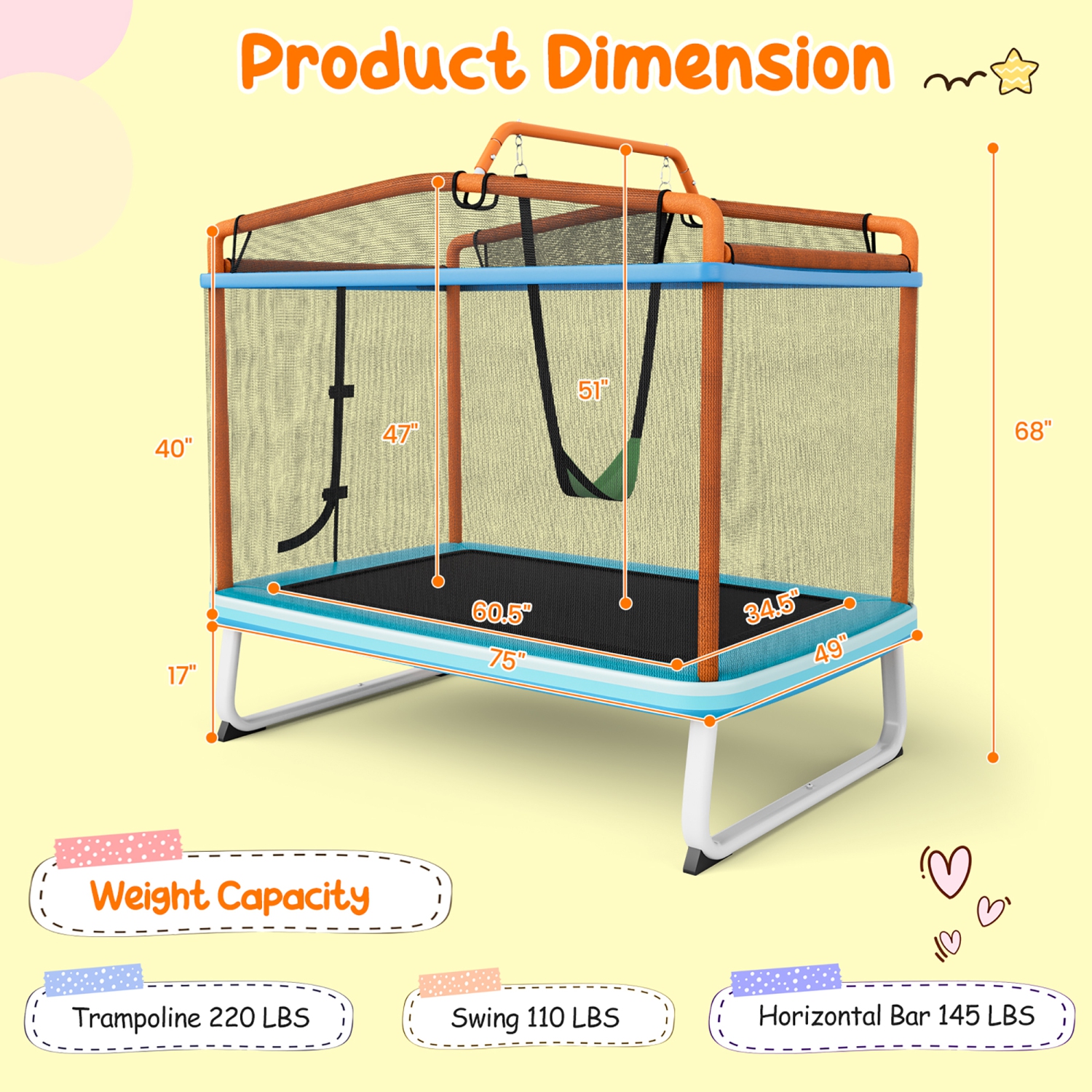 Trampoline rectangulaire 3 en 1 pour enfants de 6 pieds GYMAX, avec barre horizontale pivotante et filet de sécurité extérieur jaune