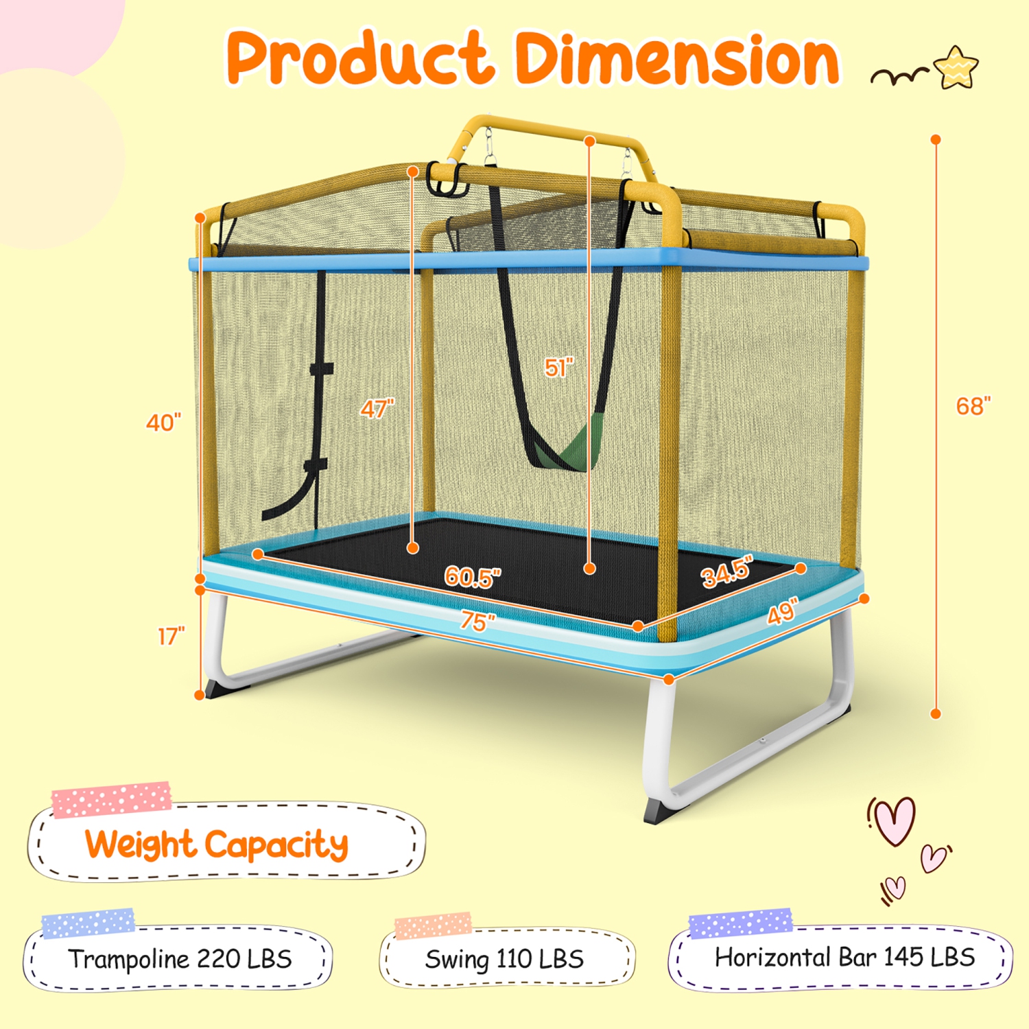 Trampoline rectangulaire 3 en 1 pour enfants de 6 pieds GYMAX, avec barre horizontale pivotante et filet de sécurité extérieur jaune