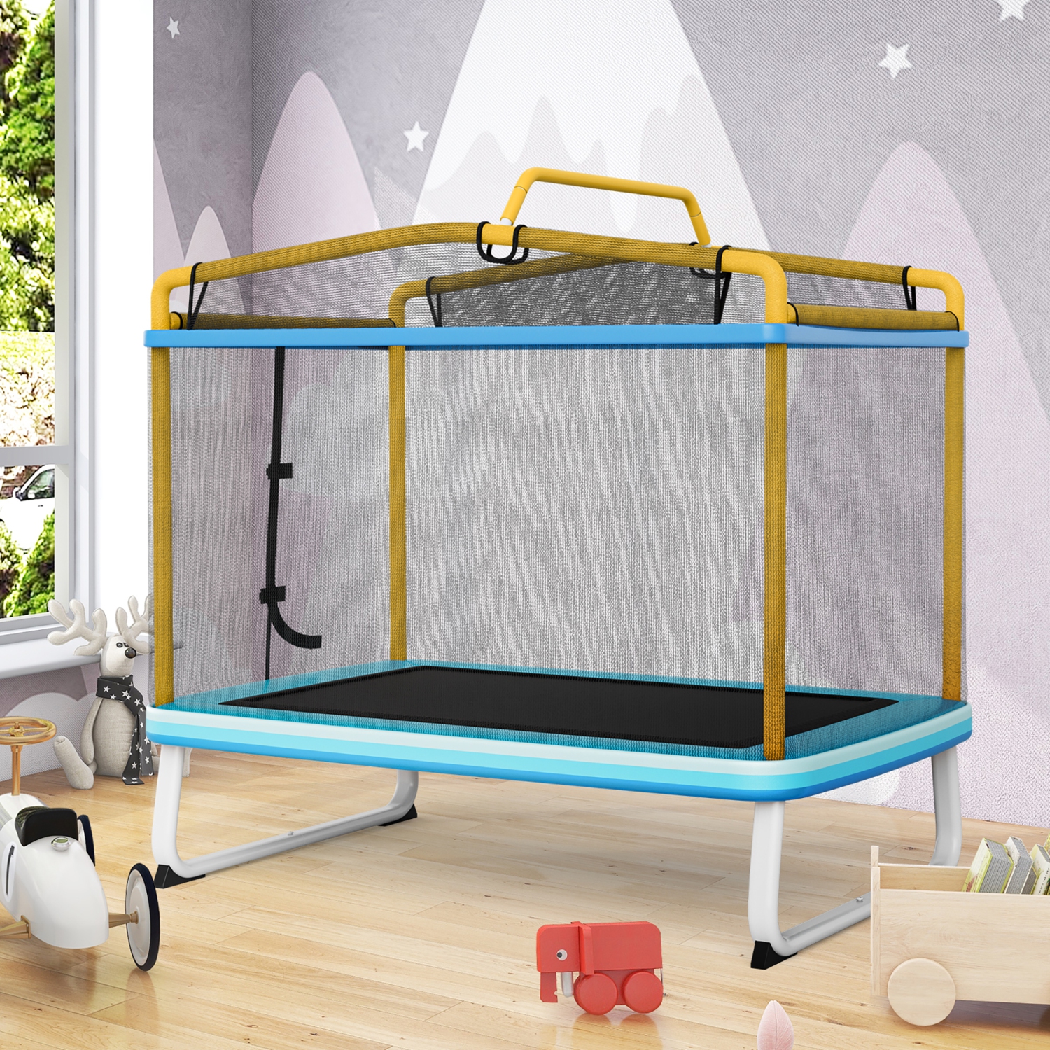 Trampoline rectangulaire 3 en 1 pour enfants de 6 pieds GYMAX, avec barre horizontale pivotante et filet de sécurité extérieur jaune