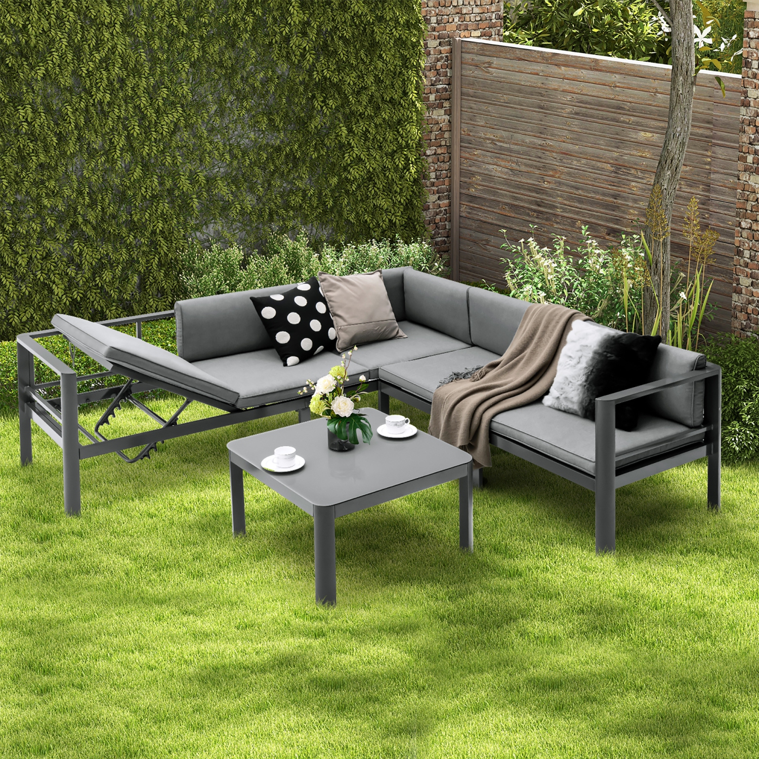 Gymax 3PCS Patio Furniture Set Aluminum Lounge Adjust Back Recliner Sofa Table Cushion