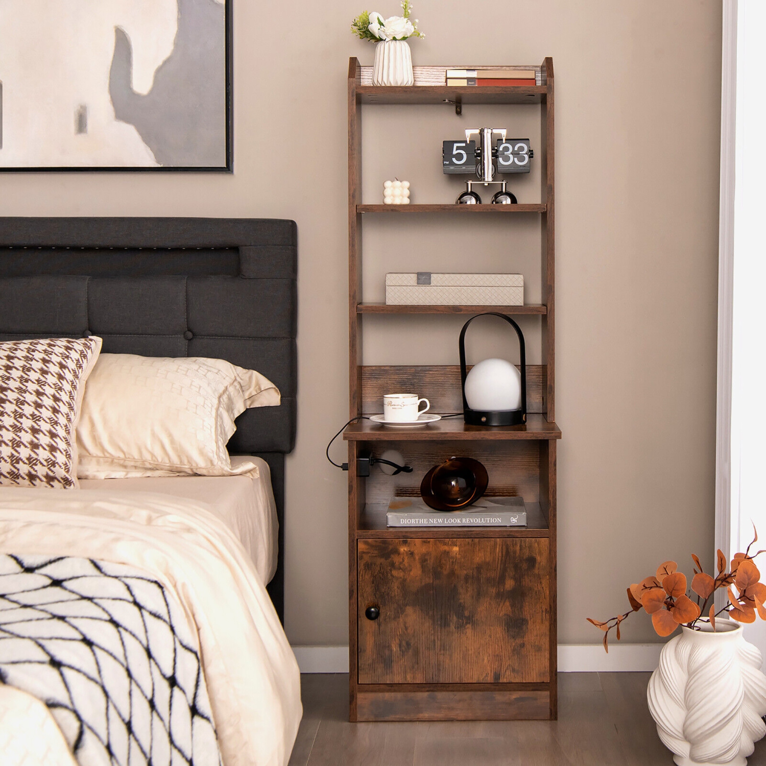 Gymax Nightstand Bedside End Side Table Bookshelf w/ Charging Station