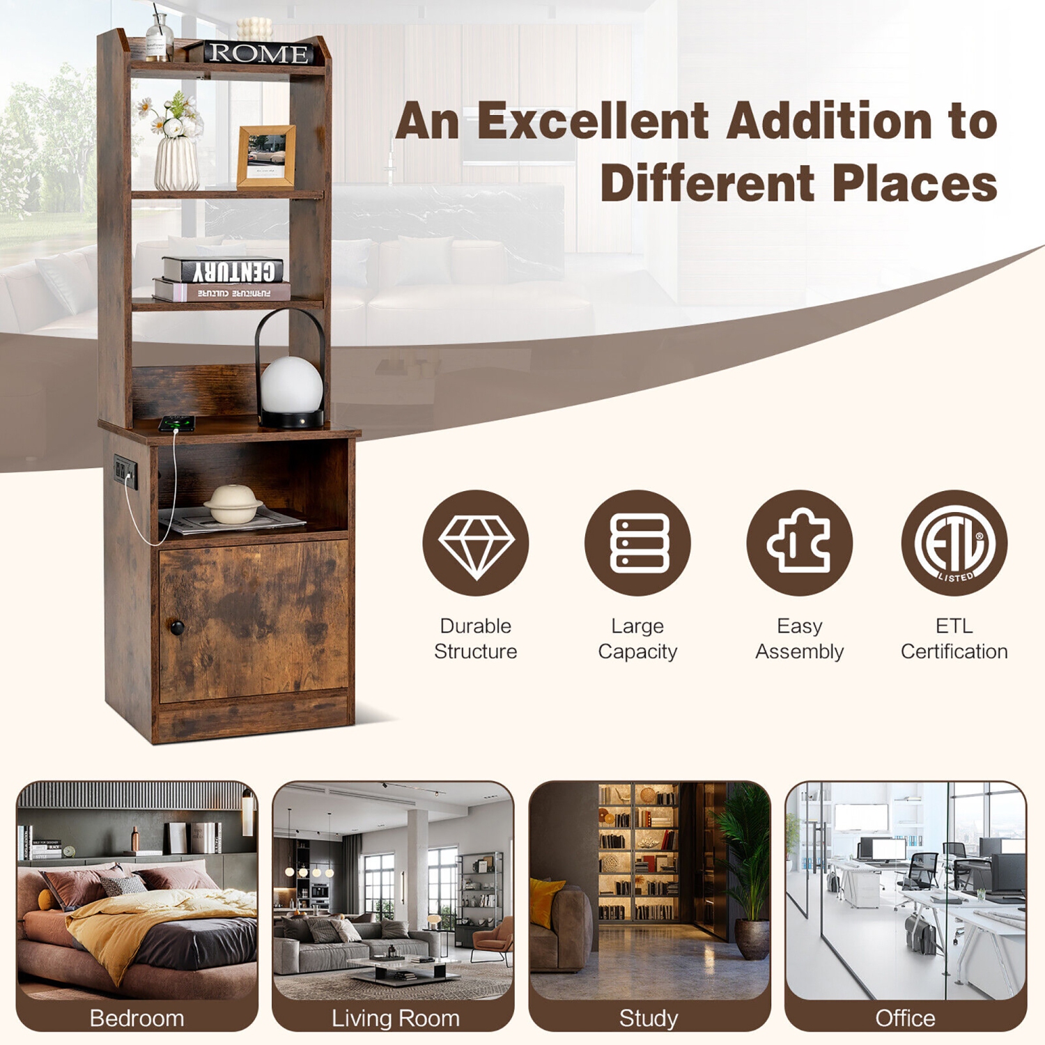 Gymax Nightstand Bedside End Side Table Bookshelf w/ Charging Station