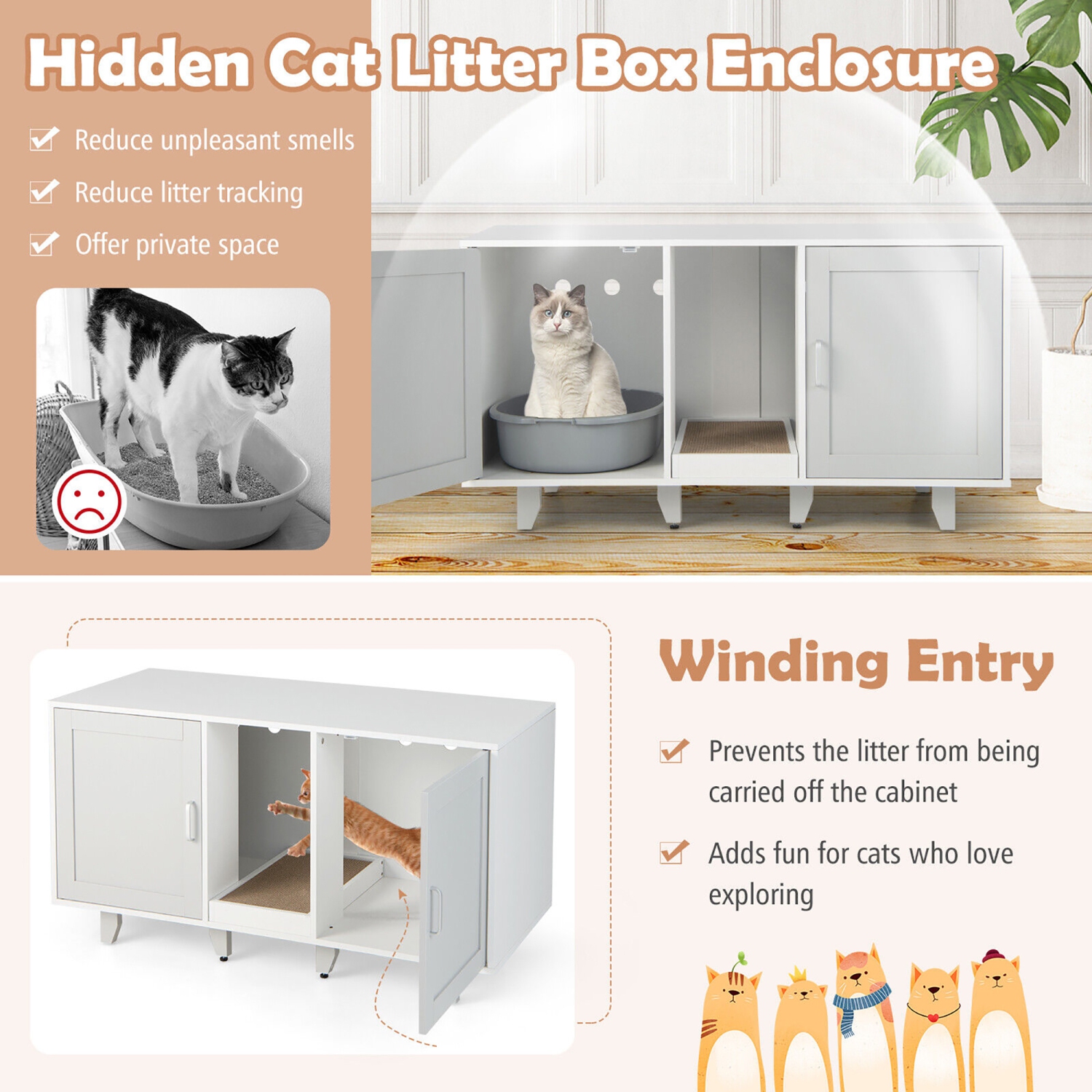 Gymax Cat Litter Box Enclosure Hidden Cat Washroom w/ 2 Doors
