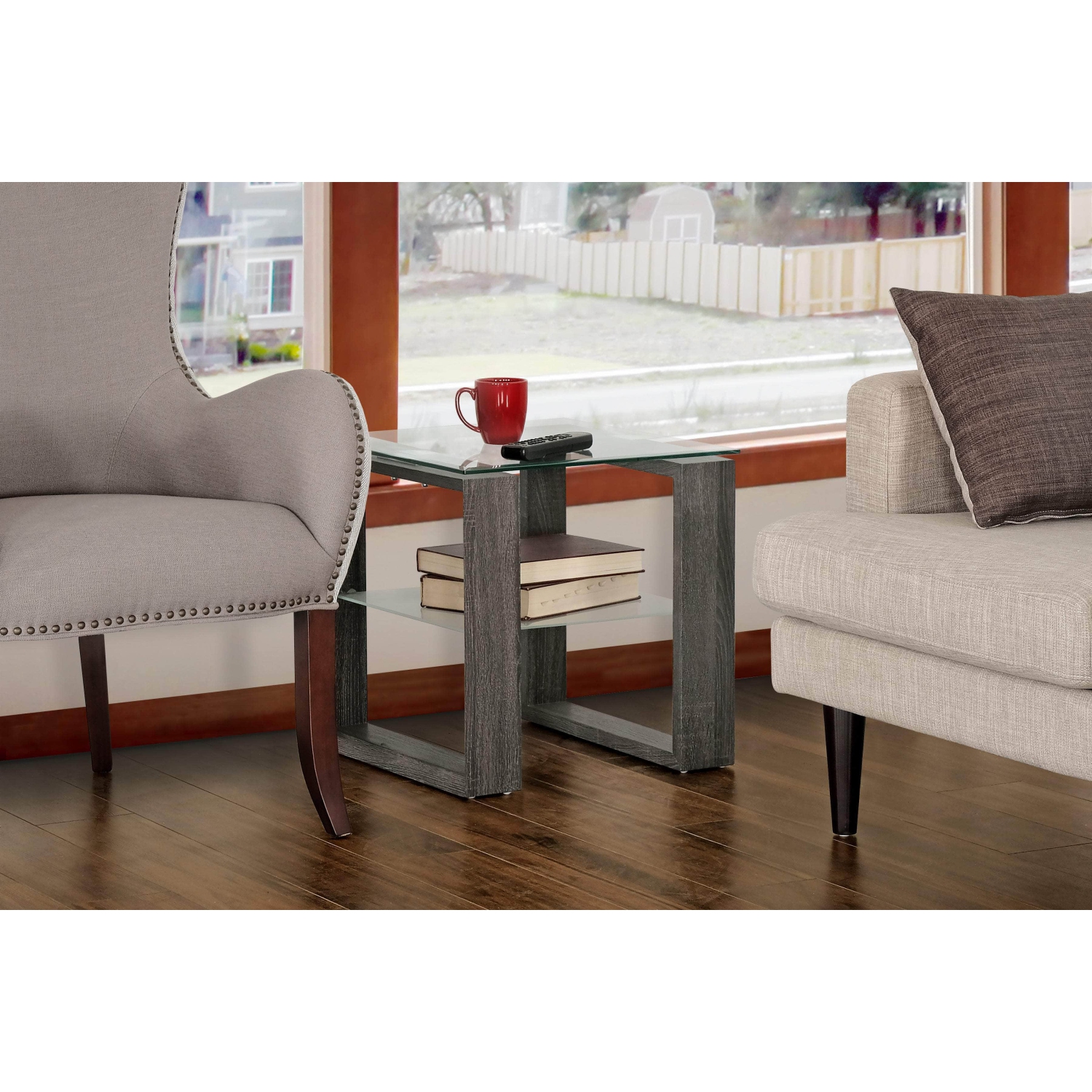 Primo International – Table de bout carrée avec tablette, plateau en verre et tablette, noir