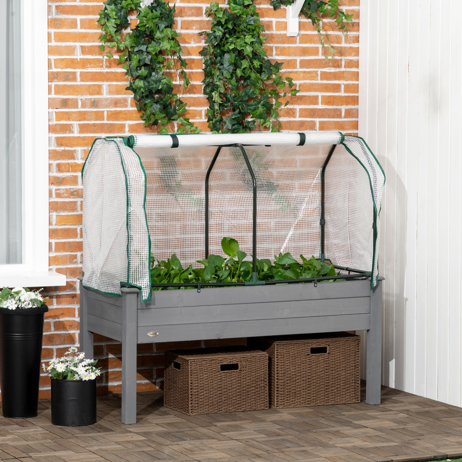 Outsunny Raised Garden Bed with PE Greenhouse Cover Outdoor Elevated Wood Planter Box for Herbs and Vegetables, Use for Patio, Backyard, Balcony, 48