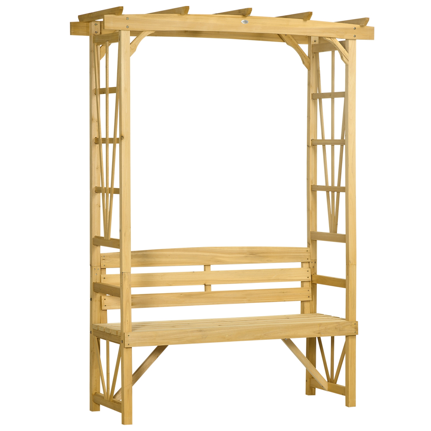 Pergola en arche de patio d’Outsunny avec banc en bois naturel, banc d’extérieur ergonomique pour plantes grimpantes/vignes, idéal pour l’espace